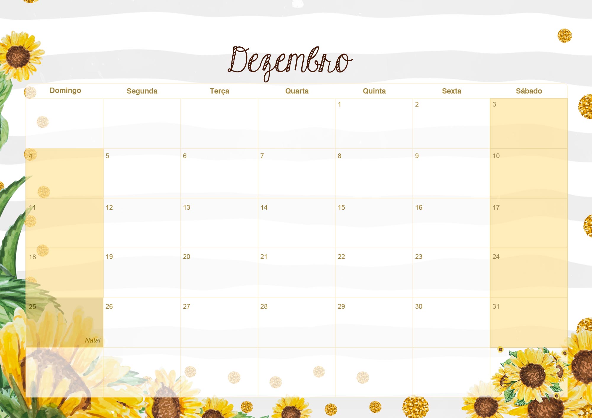 Calendario Mensal 2022 Girassol Dezembro