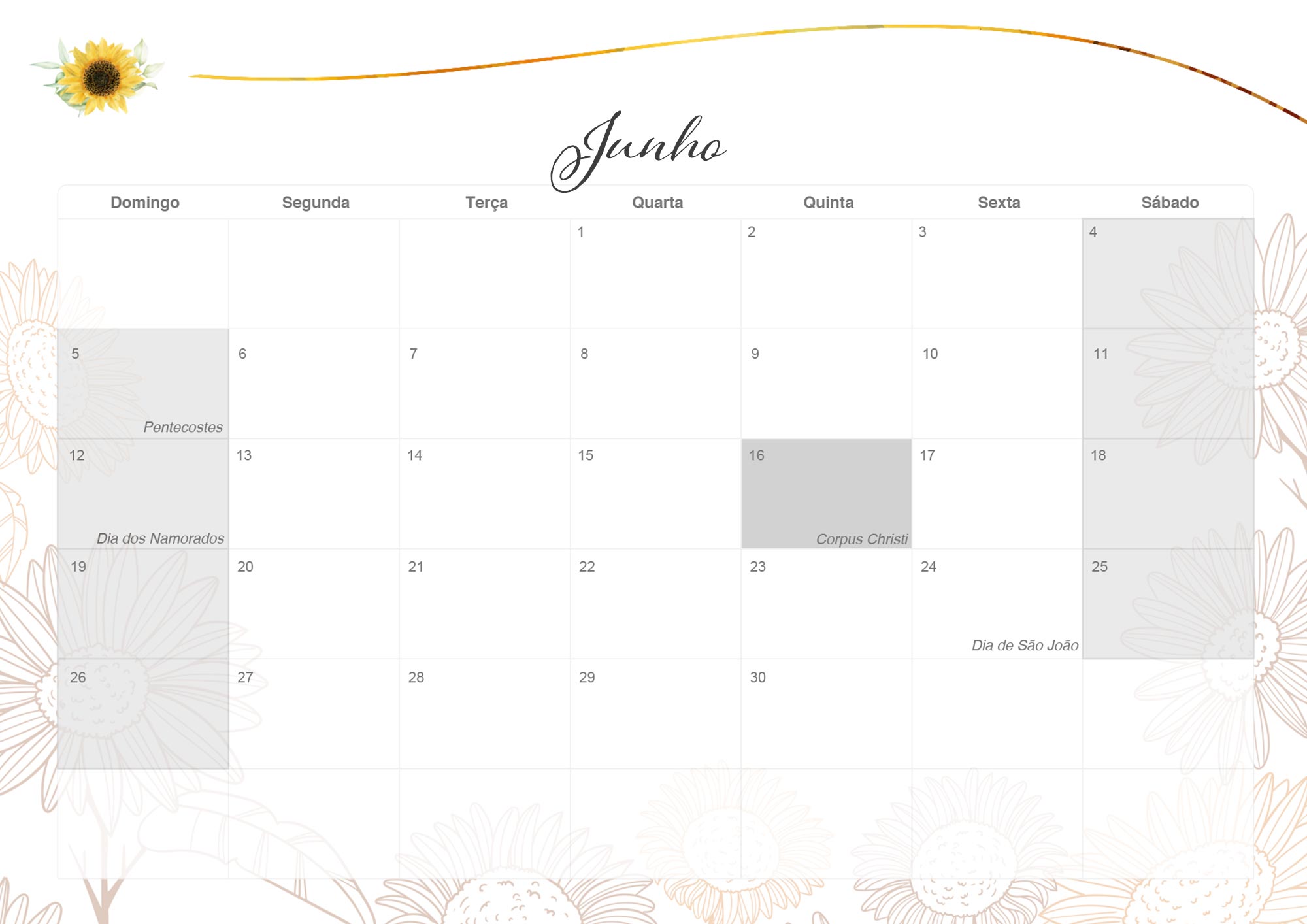 Calendario Mensal 2022 Girassol Junho