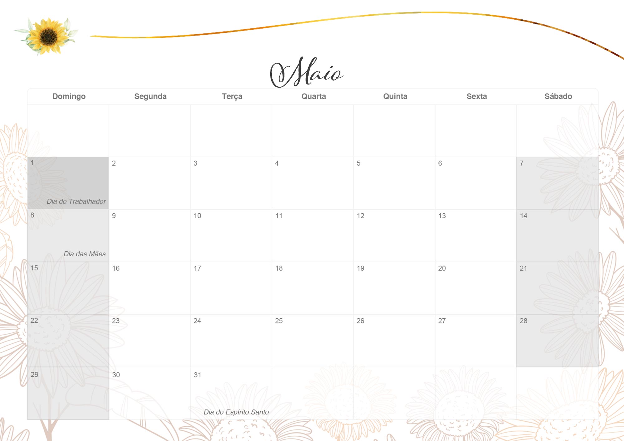 Calendario Mensal 2022 Girassol Maio