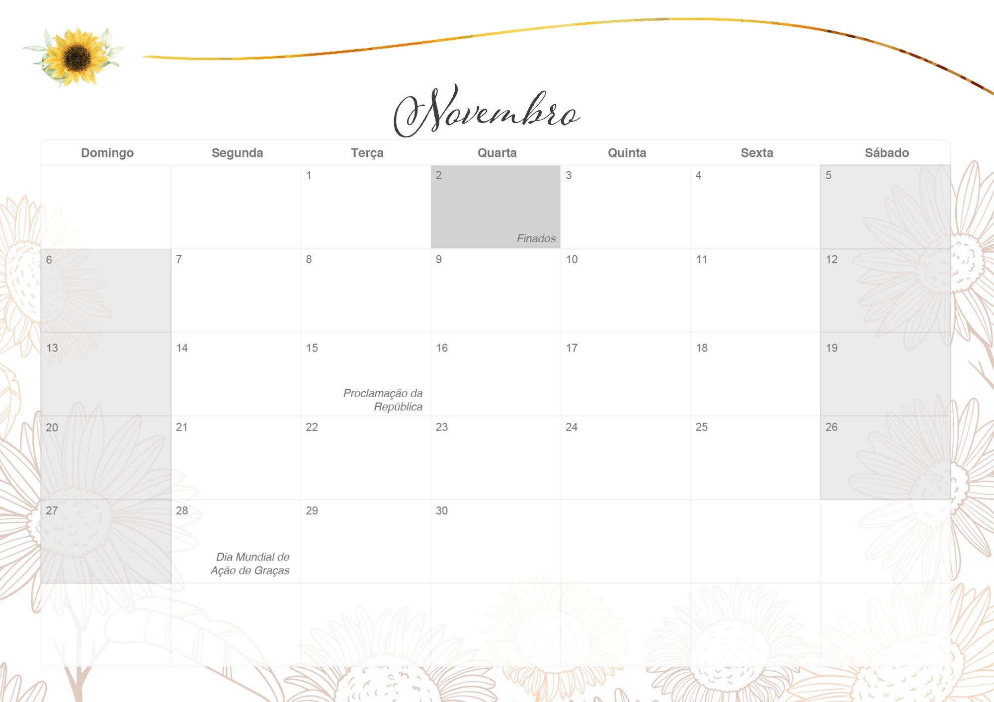 Calendario Mensal 2022 Girassol Novembro