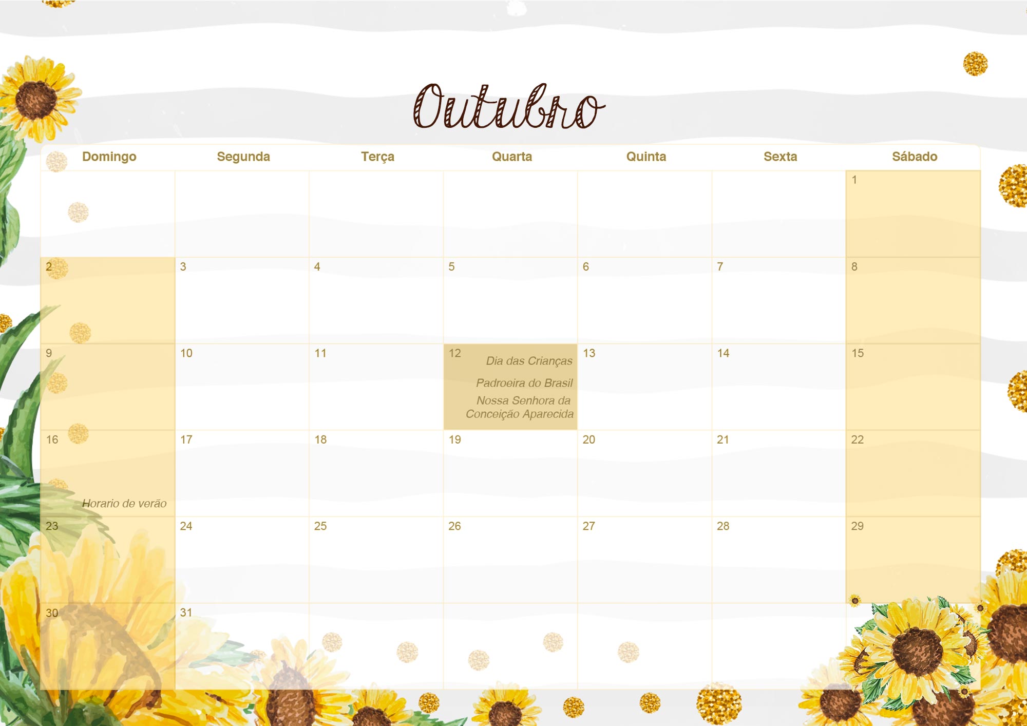 Calendario Mensal 2022 Girassol Outubro