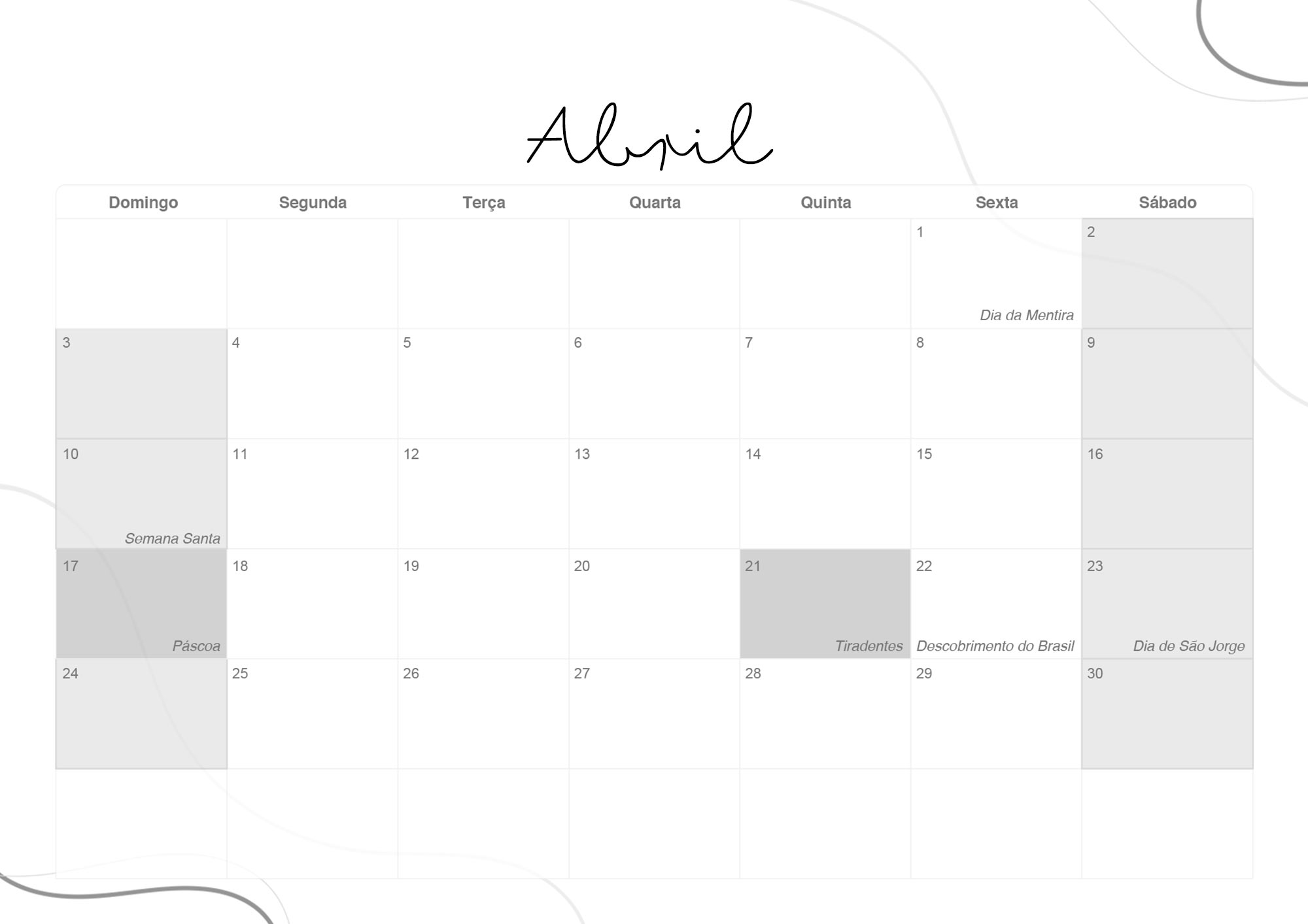 Calendario Mensal 2022 Lettering Abril