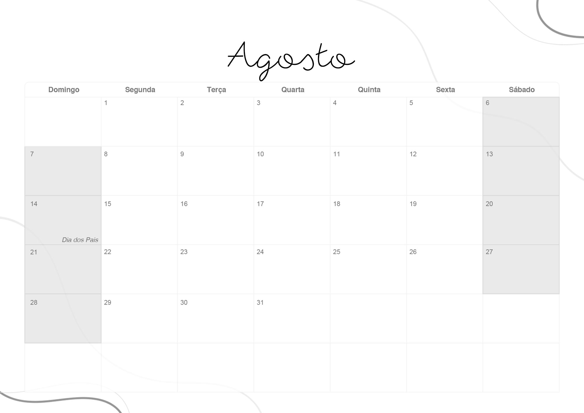 Calendario Mensal 2022 Lettering Agosto