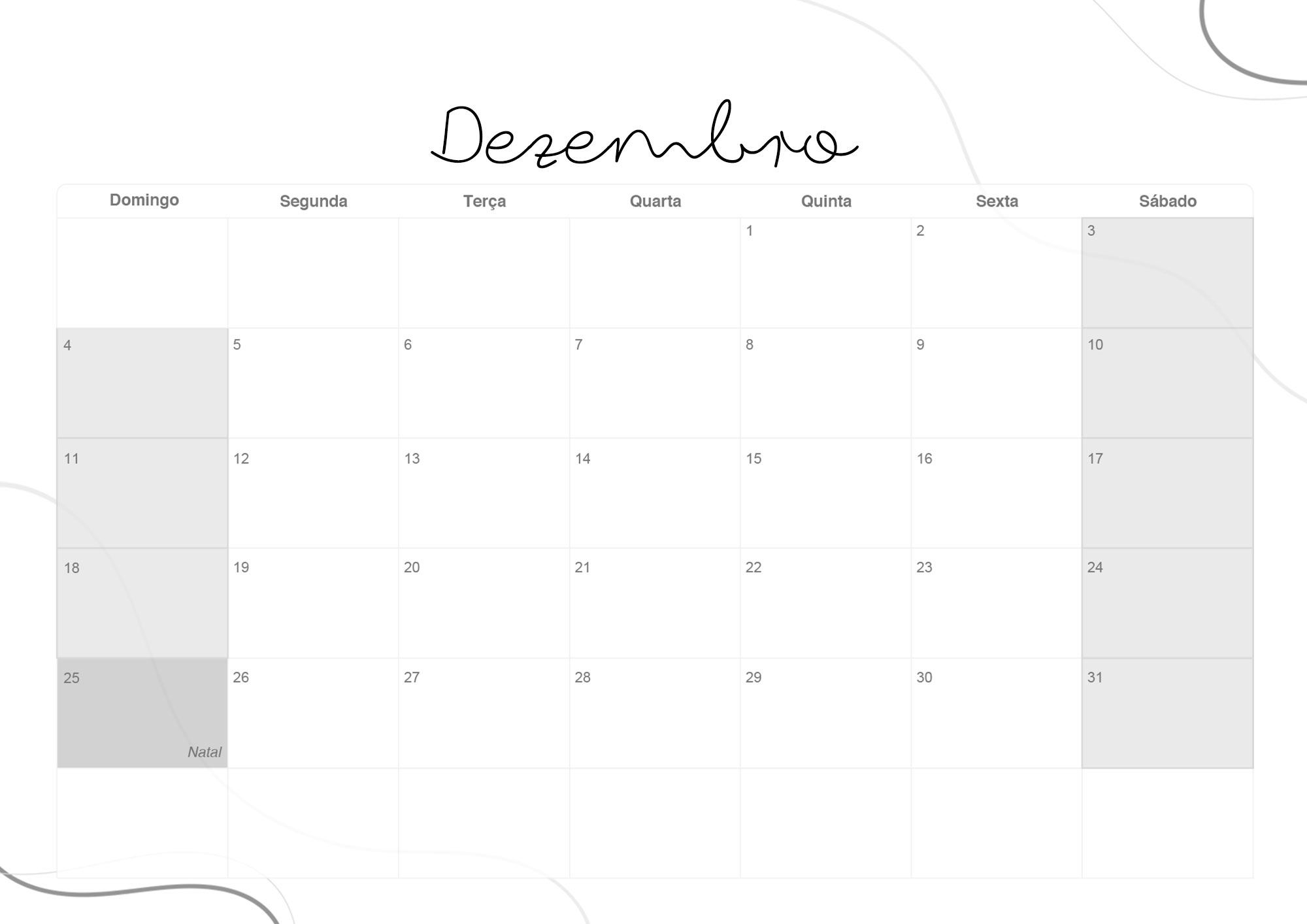 Calendario Mensal 2022 Lettering Dezembro