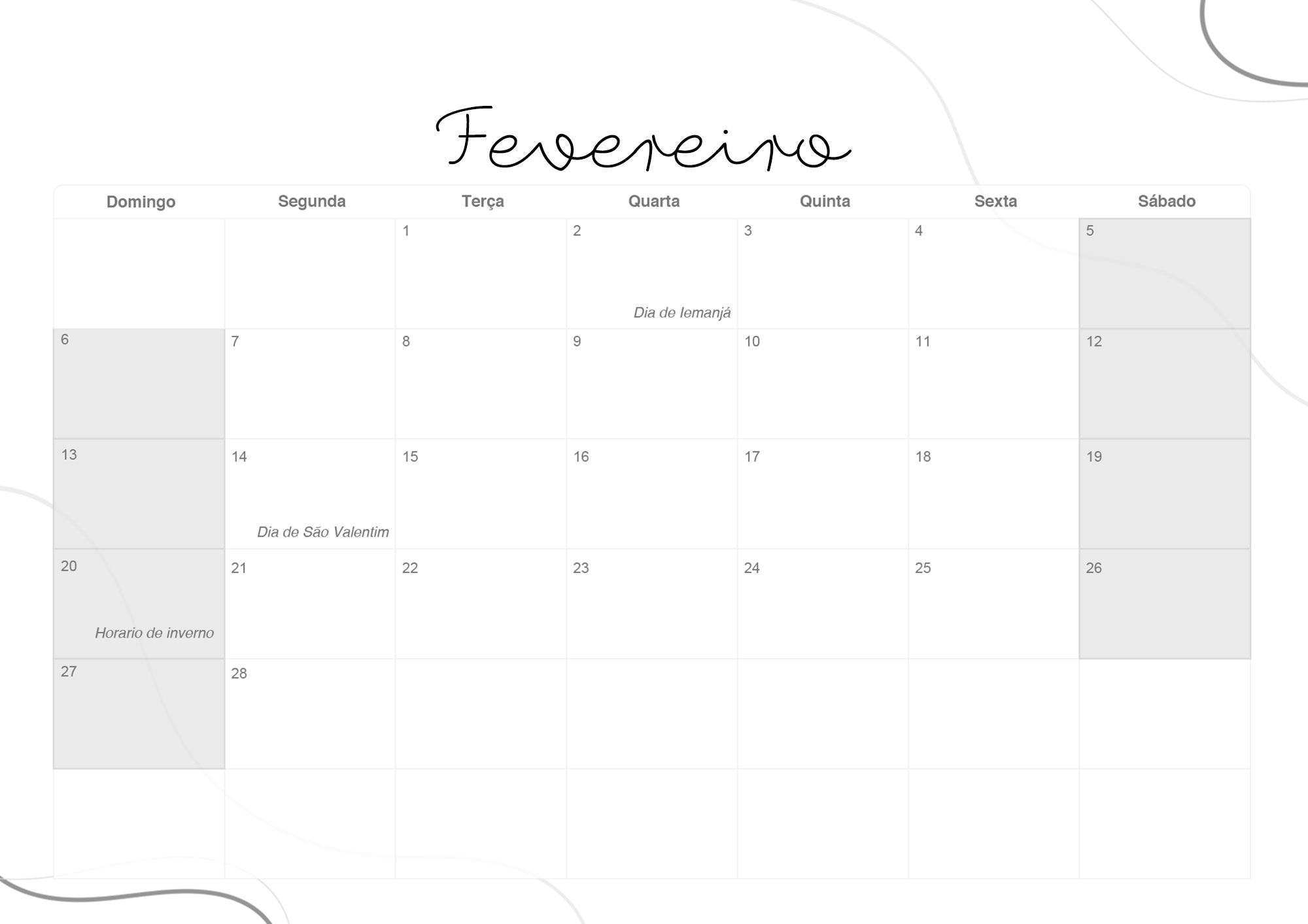 Calendario Mensal 2022 Lettering Fevereiro