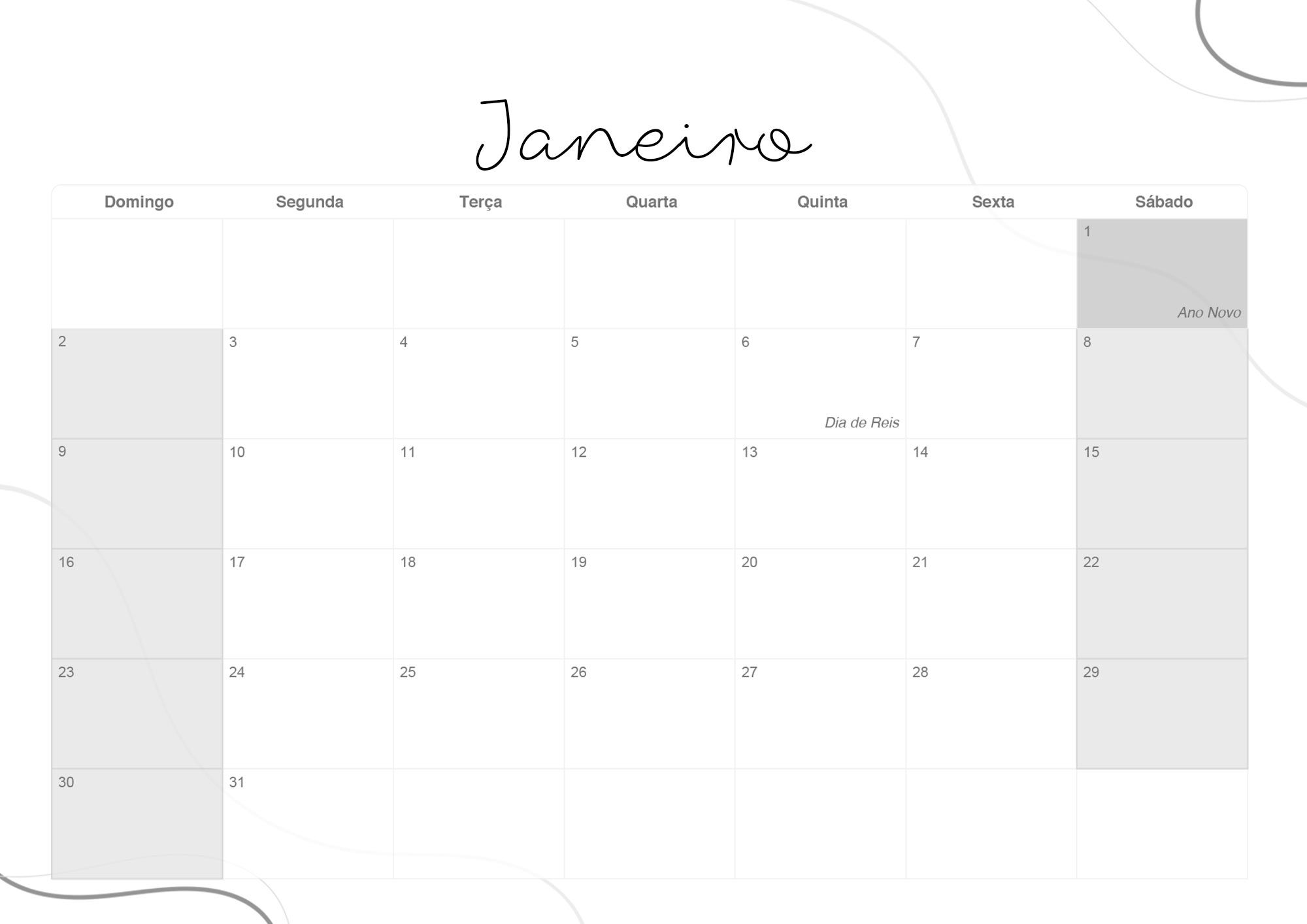 Calendario Mensal 2022 Lettering Janeiro
