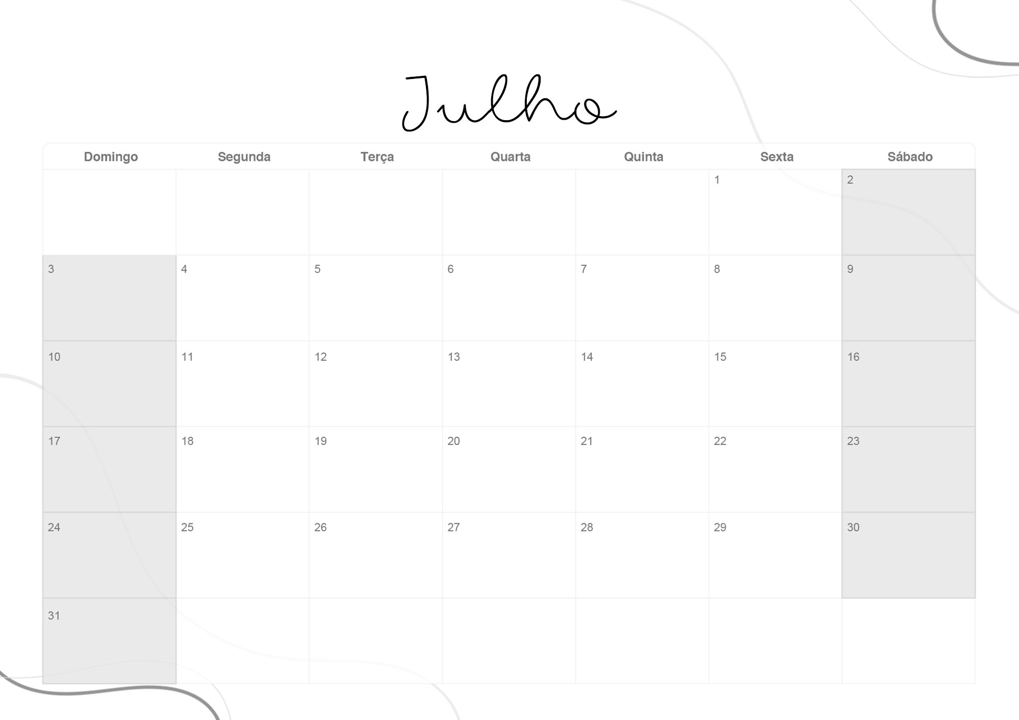 Calendario Mensal 2022 Lettering Julho