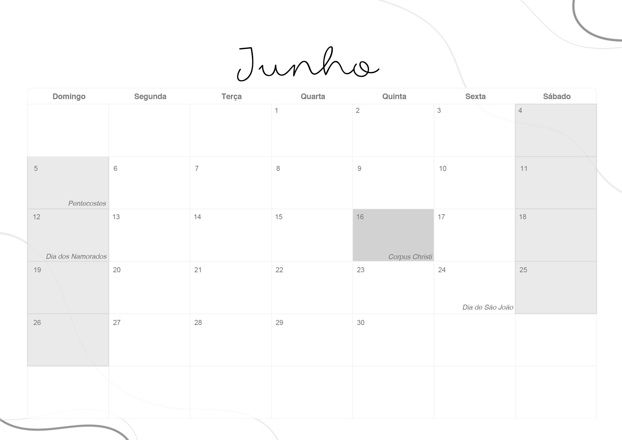 Calendario Mensal 2022 Lettering Junho