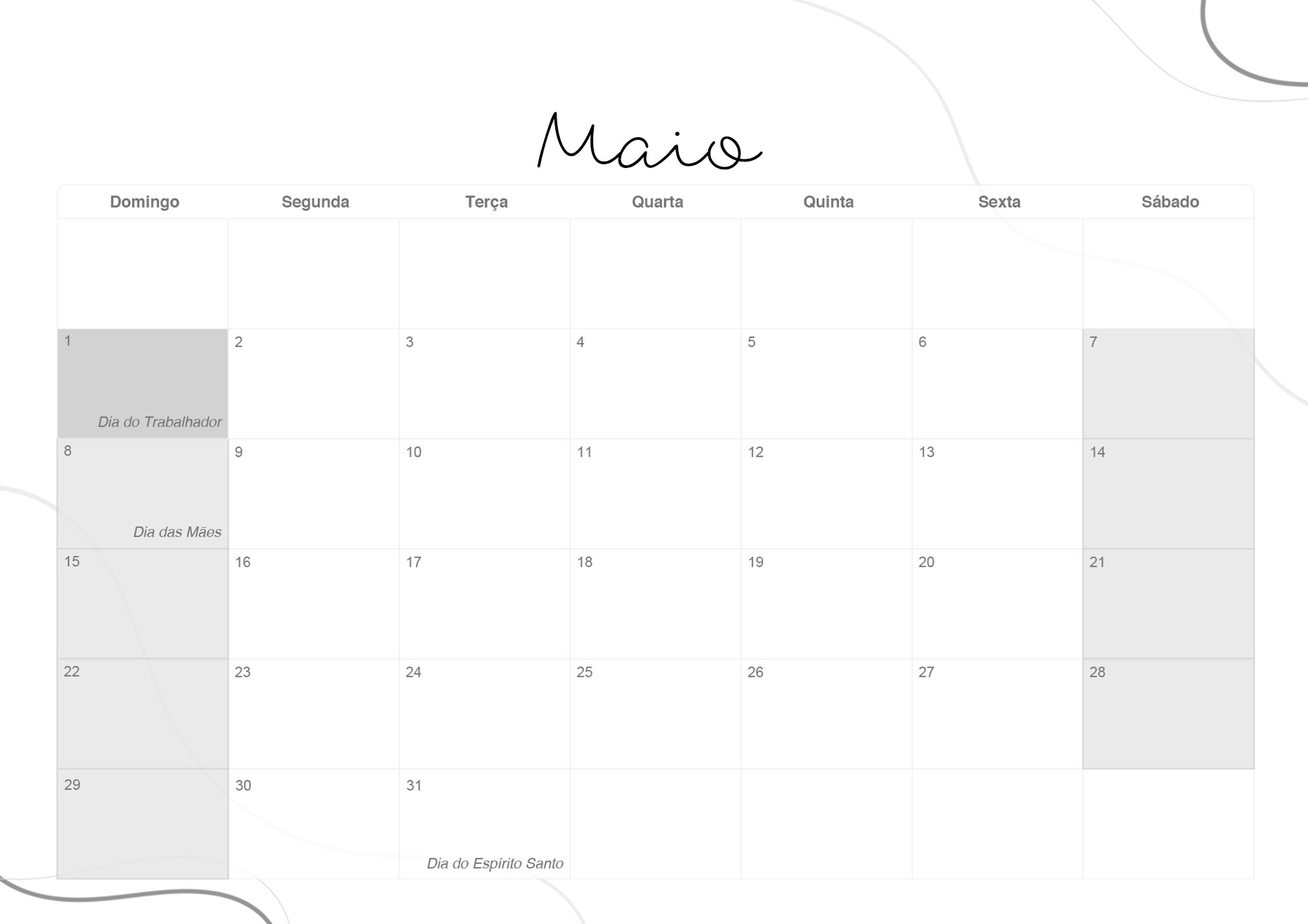 Calendario Mensal 2022 Lettering Maio
