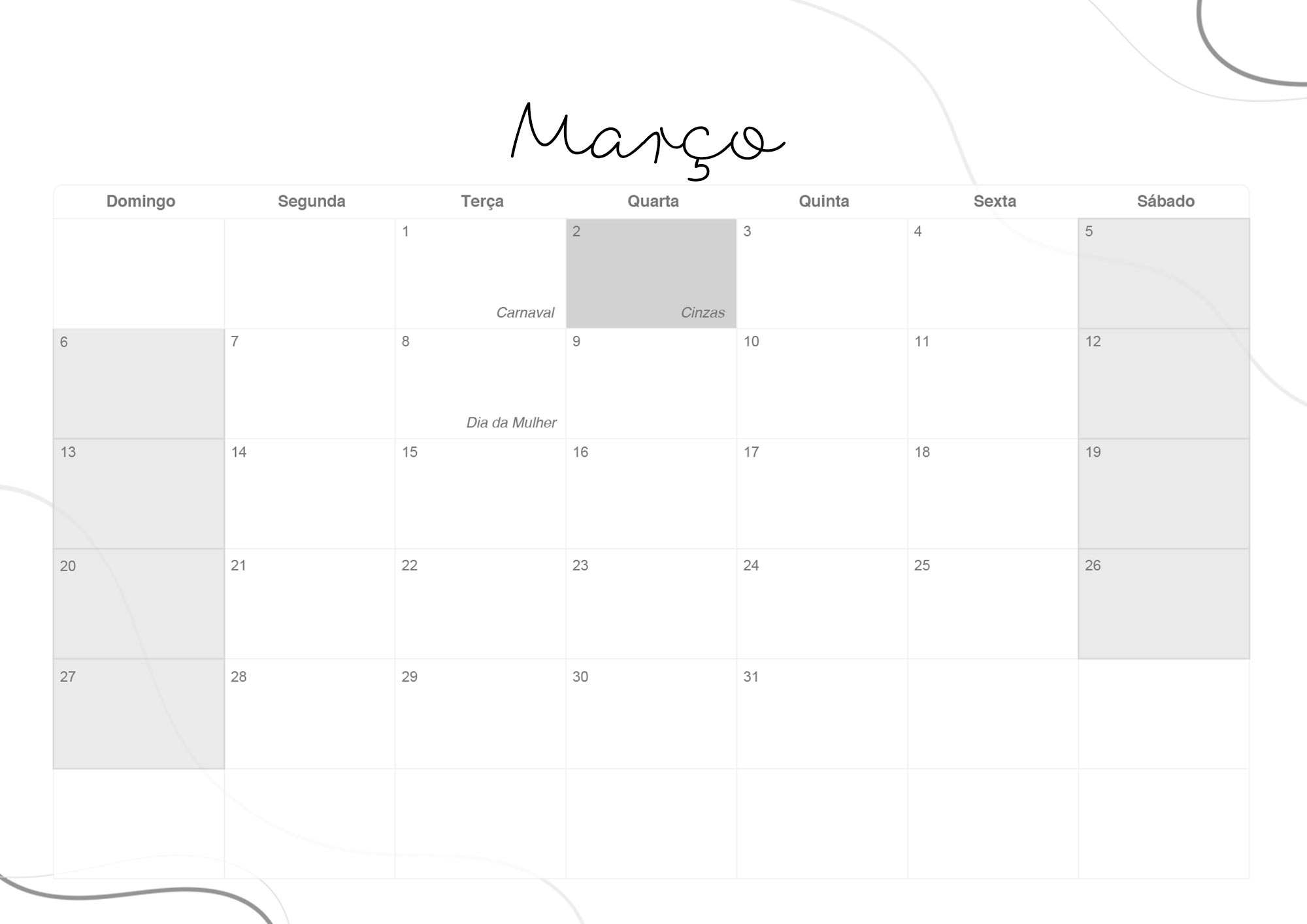 Calendario Mensal 2022 Lettering Marco