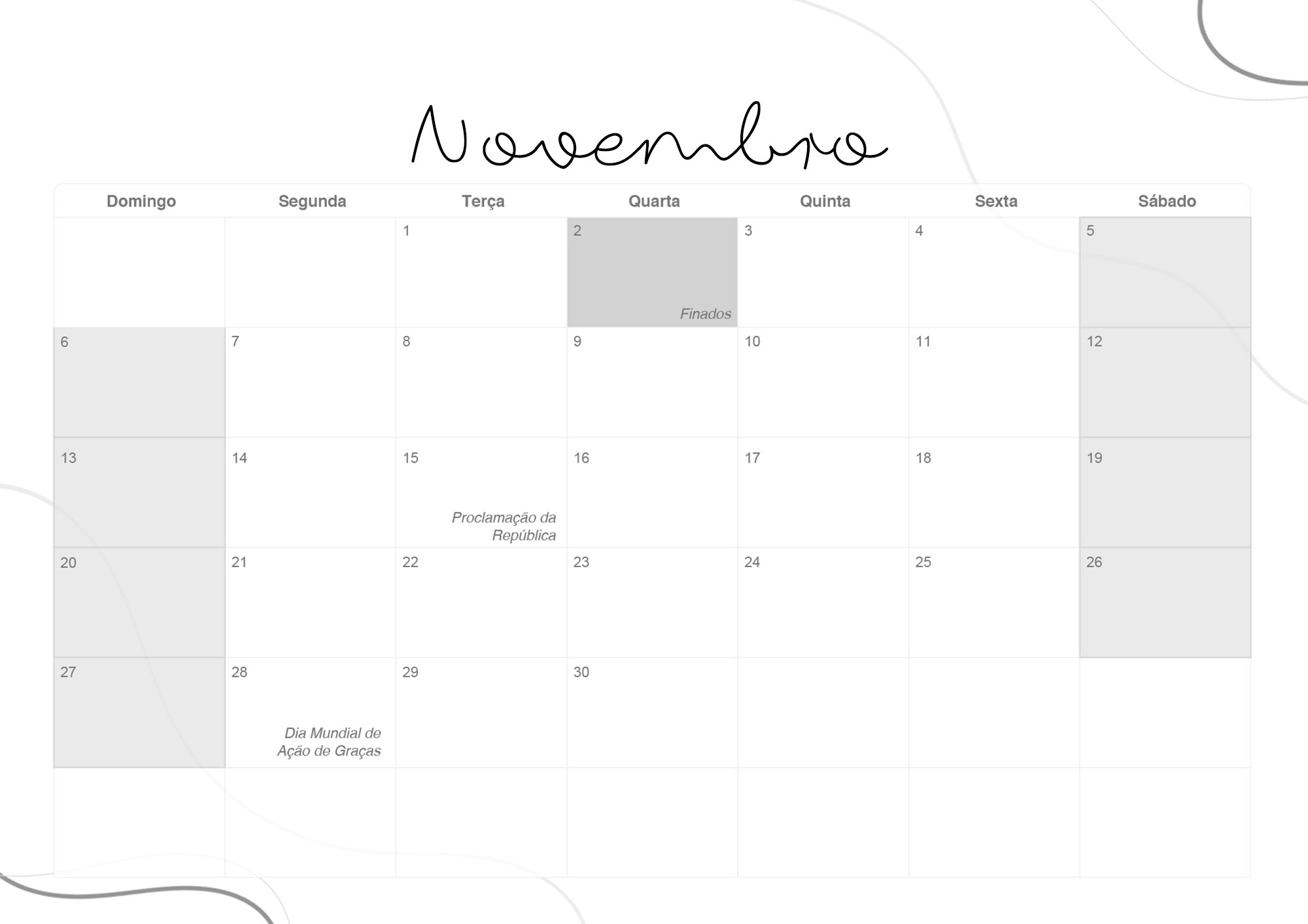 Calendario Mensal 2022 Lettering Novembro