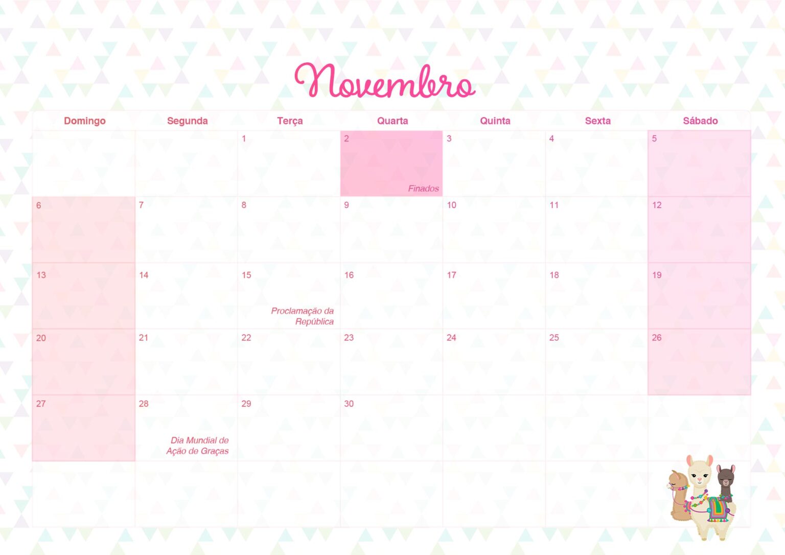 Calendario Mensal Lhama Rosa Novembro Fazendo A Nossa Festa