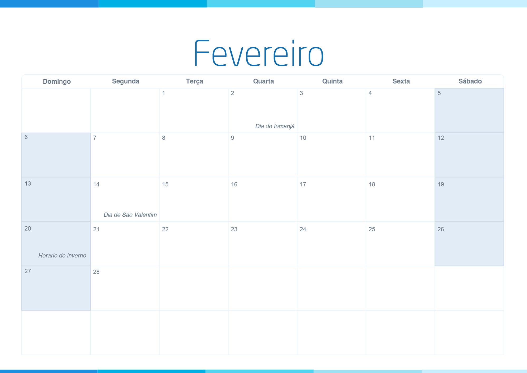 Calendario Mensal 2022 Listras Azul Fevereiro