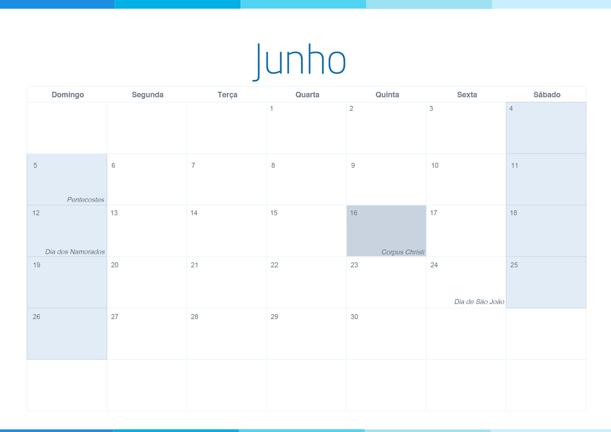 Calendario Mensal 2022 Listras Azul Junho
