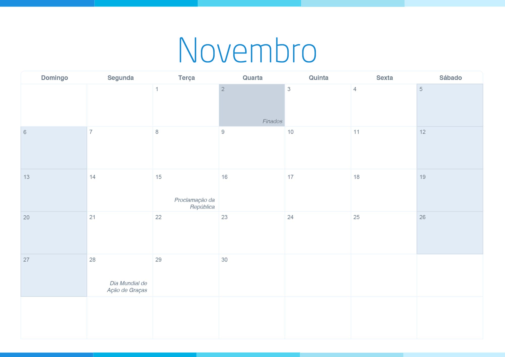 Calendario Mensal 2022 Listras Azul Novembro