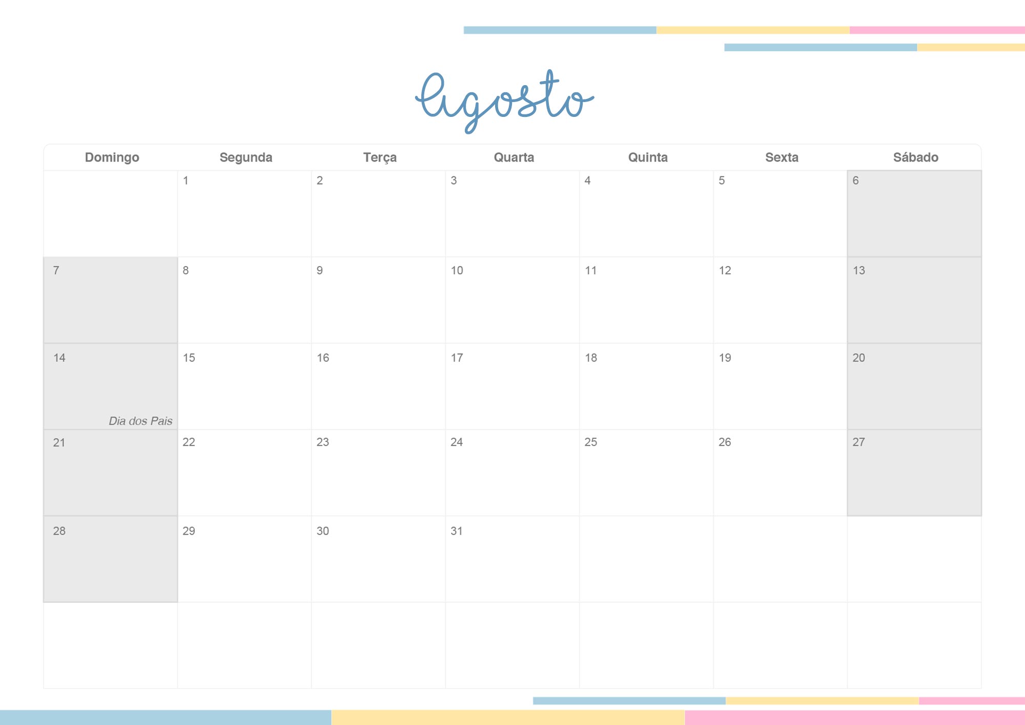 Calendario Mensal 2022 Listras Candy Colors Agosto