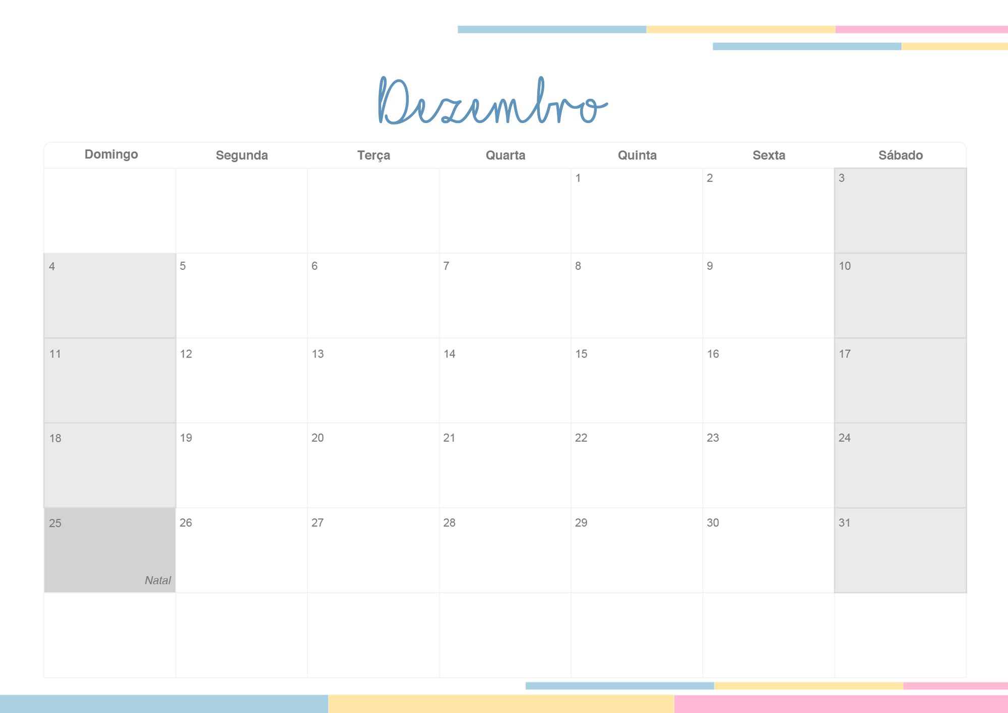 Calendario Mensal 2022 Listras Candy Colors Dezembro