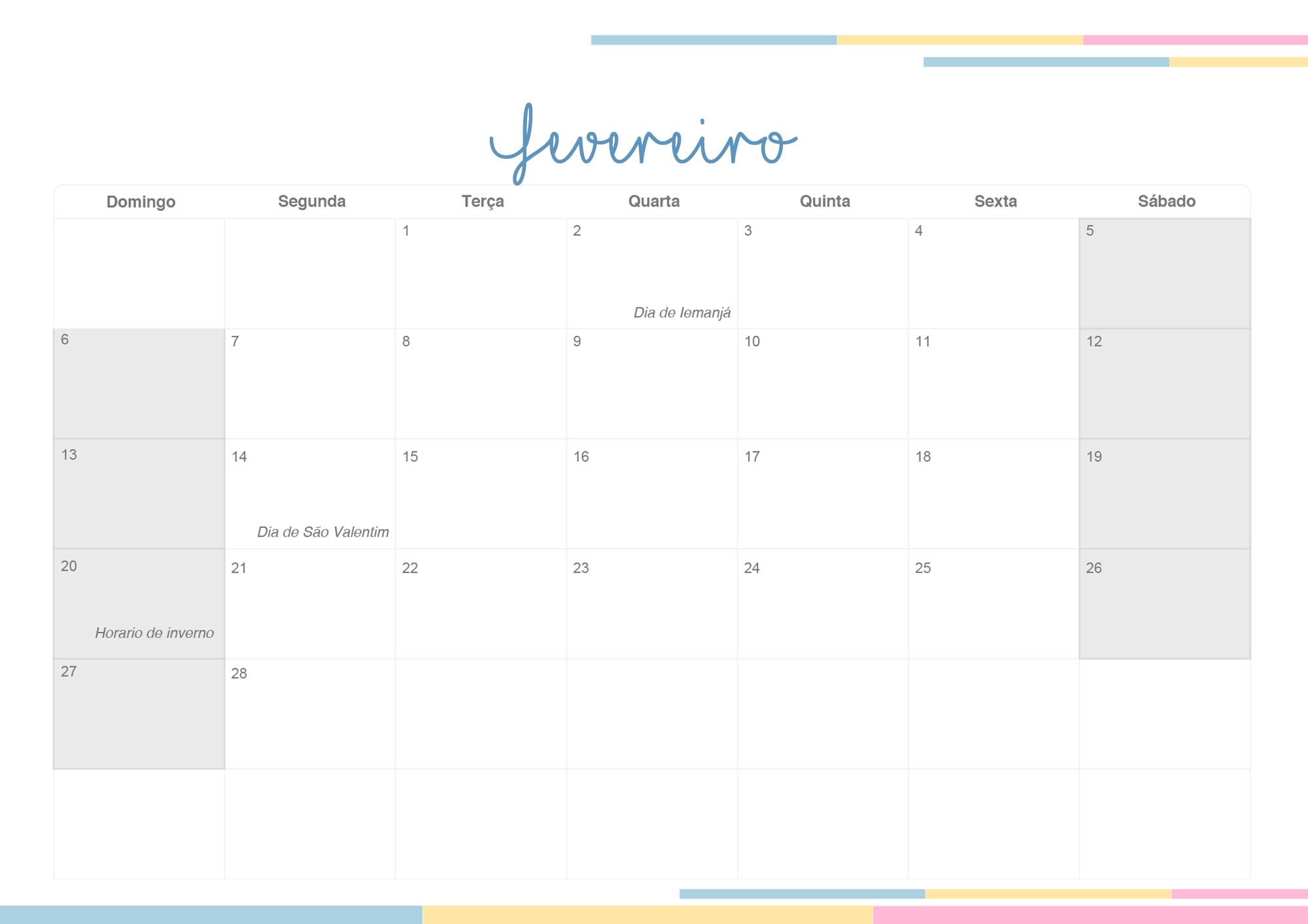 Calendario Mensal 2022 Listras Candy Colors Fevereiro
