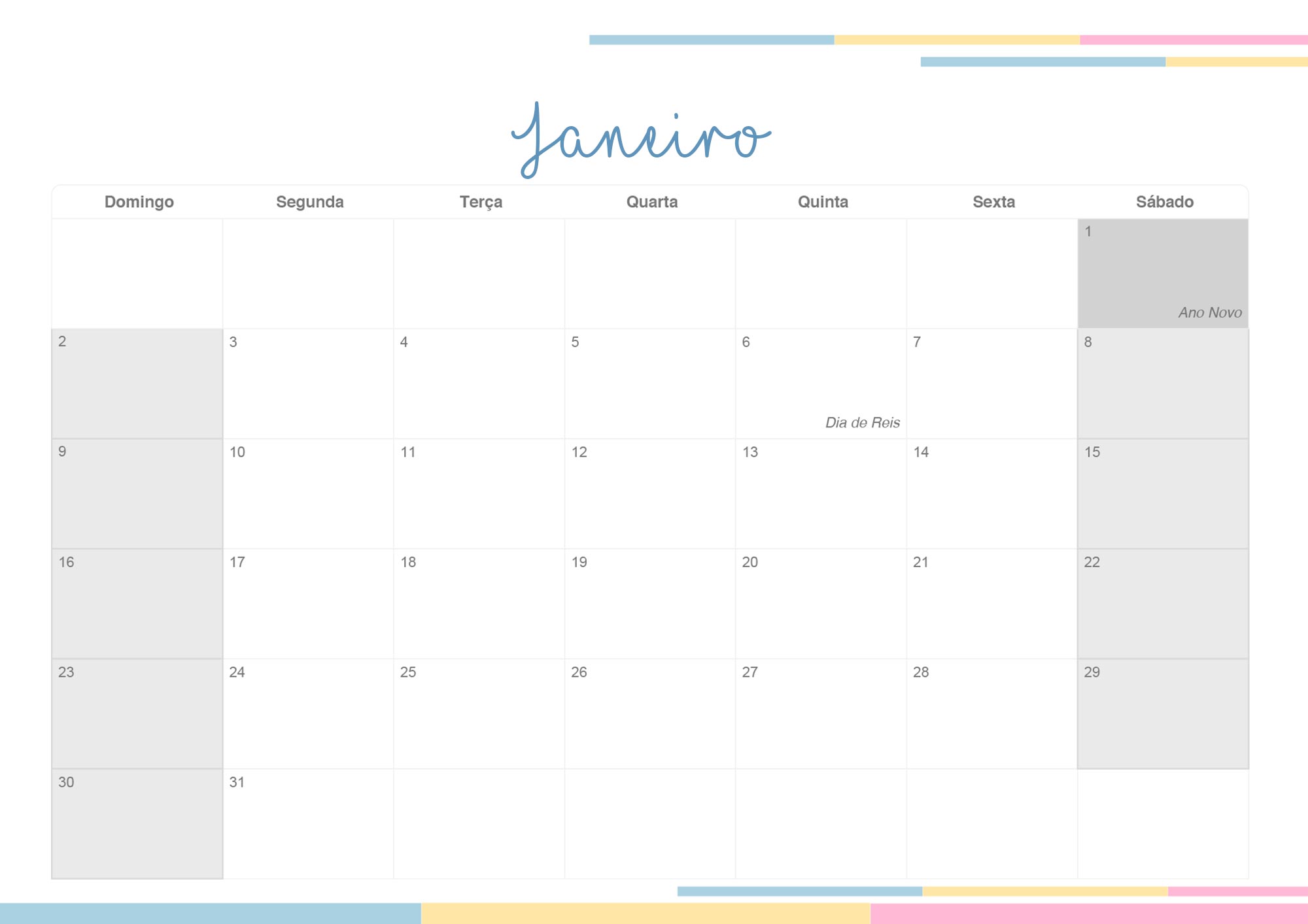 Calendario Mensal 2022 Listras Candy Colors Janeiro