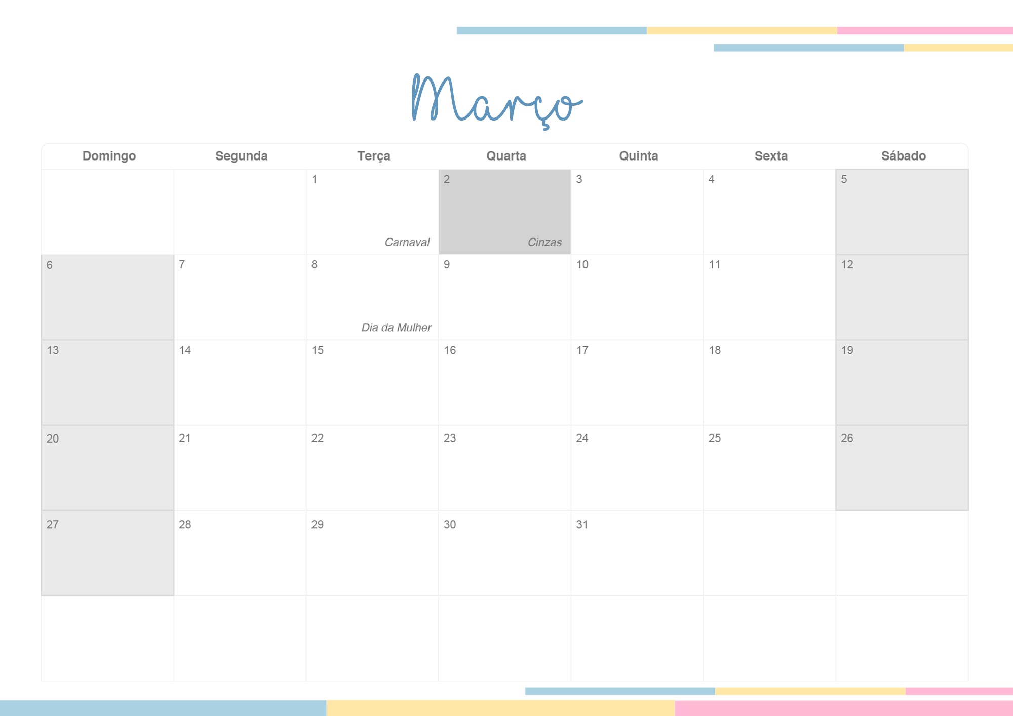 Calendario Mensal 2022 Listras Candy Colors Marco