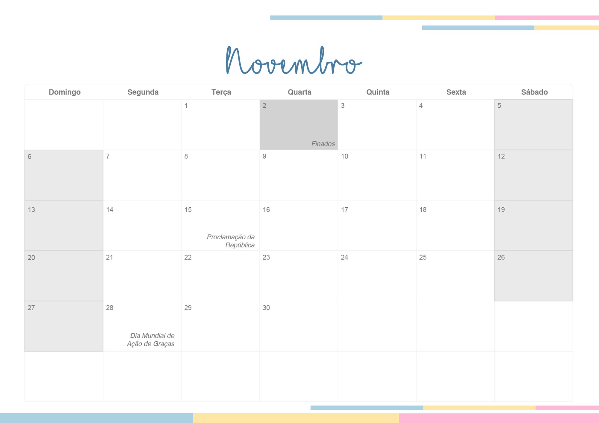 Calendario Mensal 2022 Listras Candy Colors Novembro