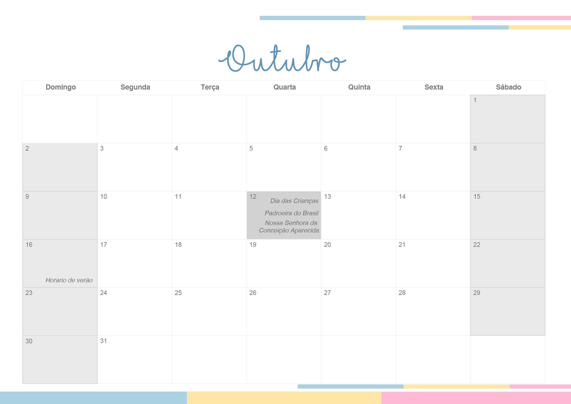 Calendario Mensal 2022 Listras Candy Colors Outubro