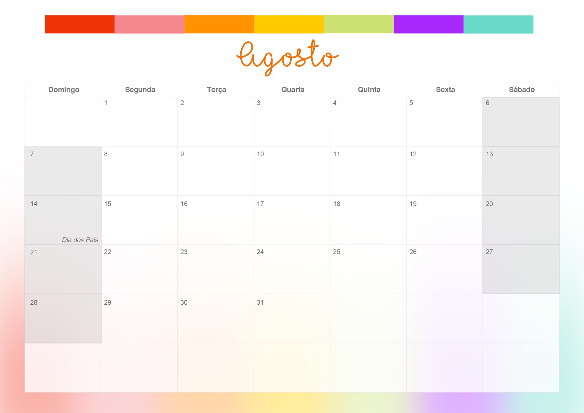 Calendario Mensal 2022 Listras Coloridas Agosto