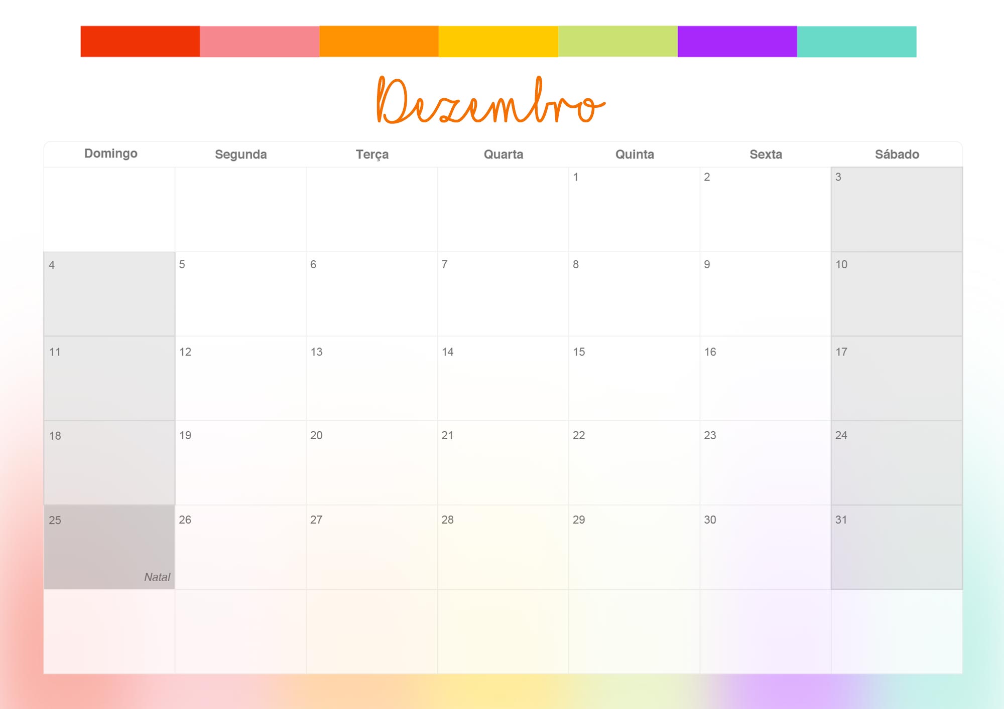 Calendario Mensal 2022 Listras Coloridas Dezembro
