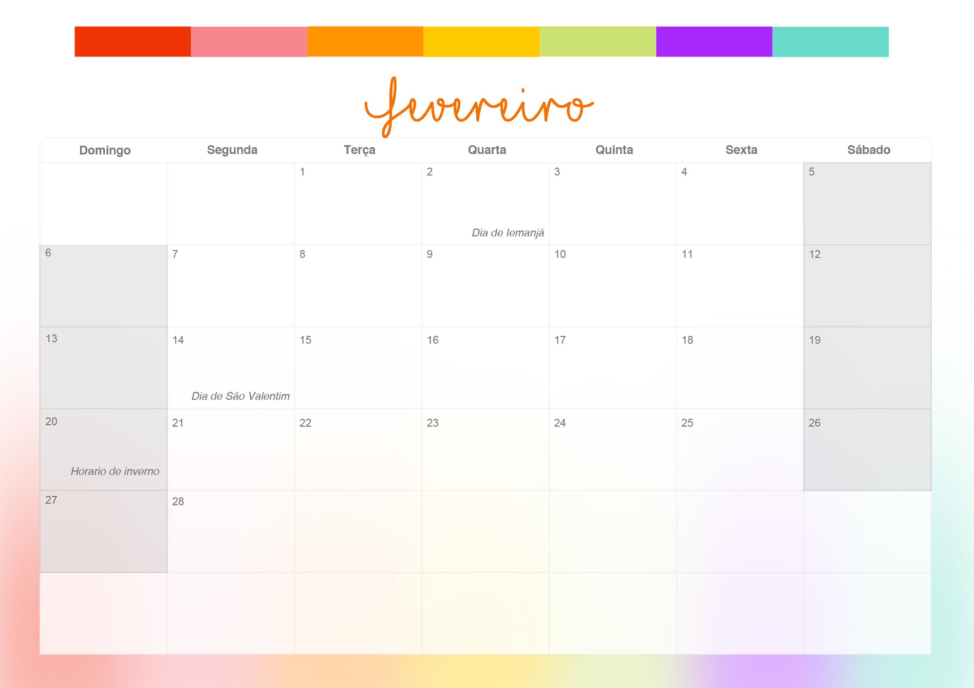 Calendario Mensal 2022 Listras Coloridas Fevereiro