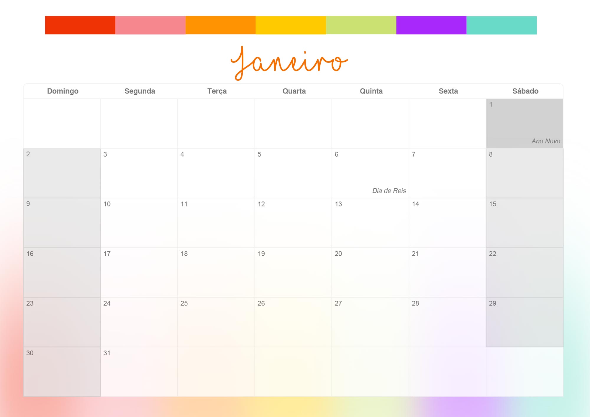 Calendario Mensal 2022 Listras Coloridas Janeiro