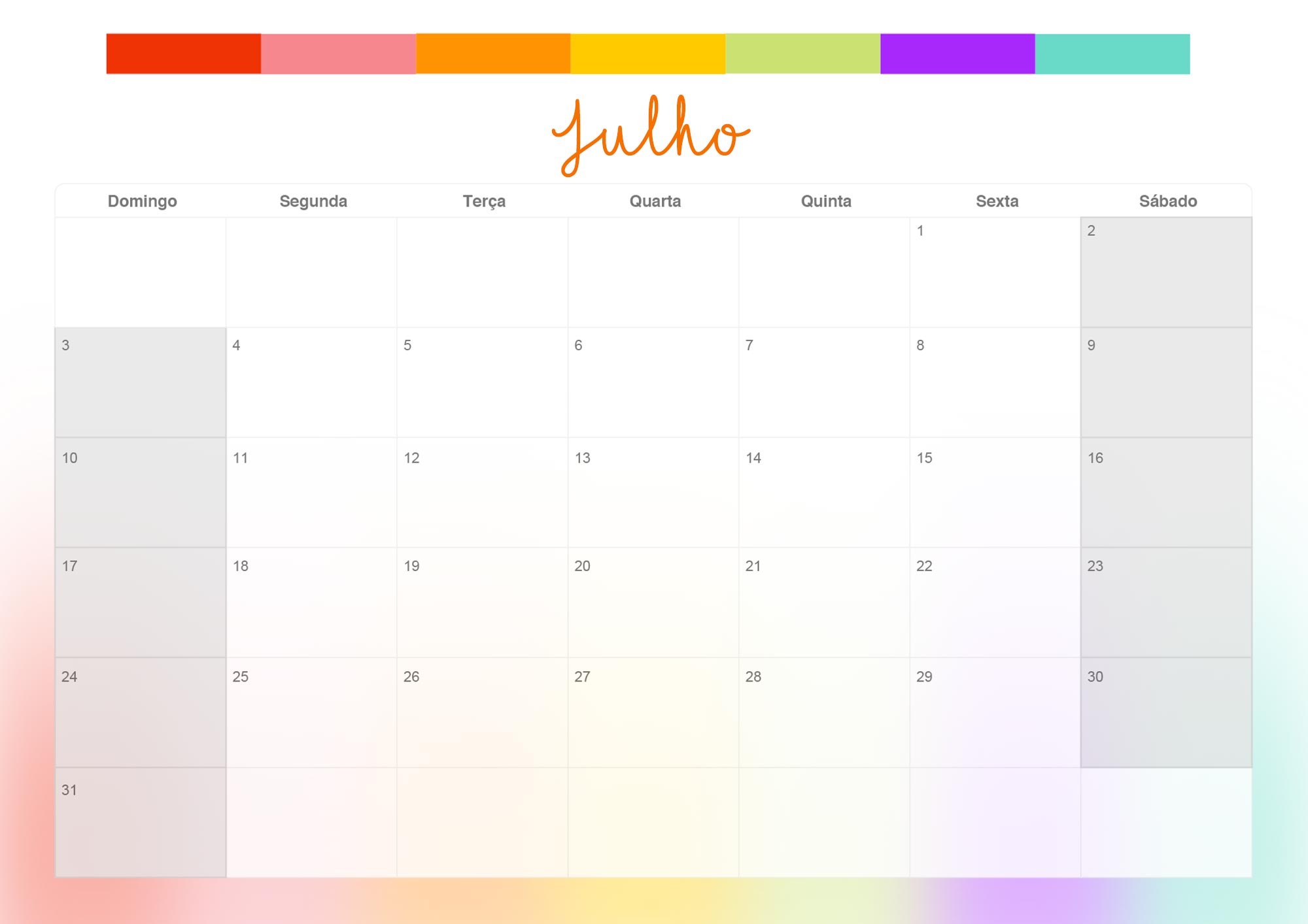 Calendario Mensal 2022 Listras Coloridas Julho
