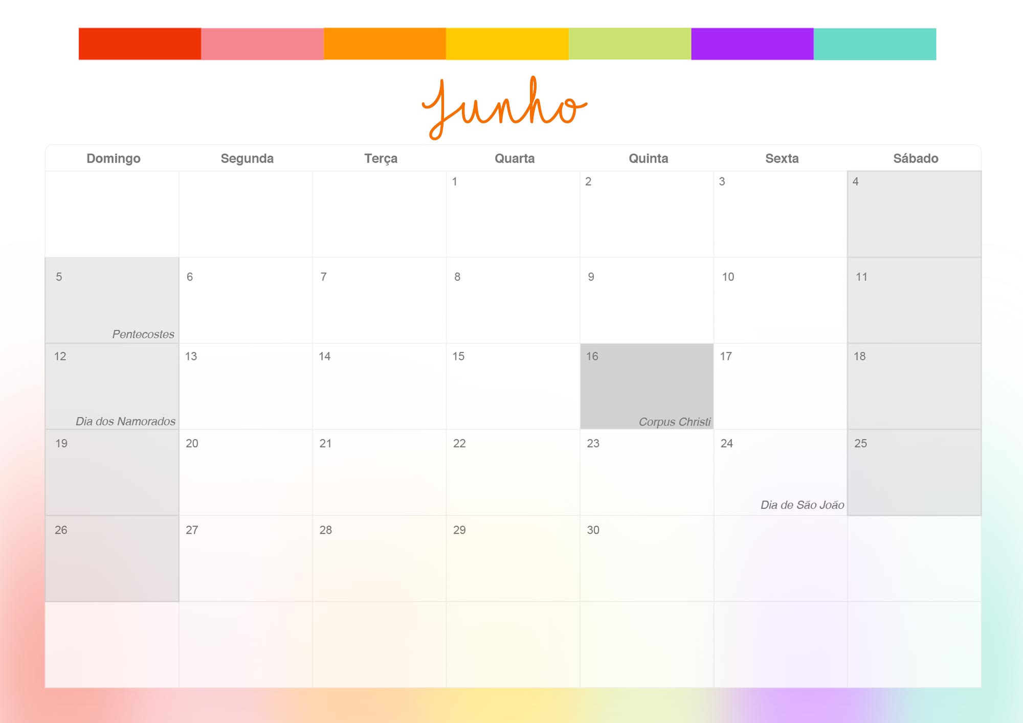 Calendario Mensal 2022 Listras Coloridas Junho