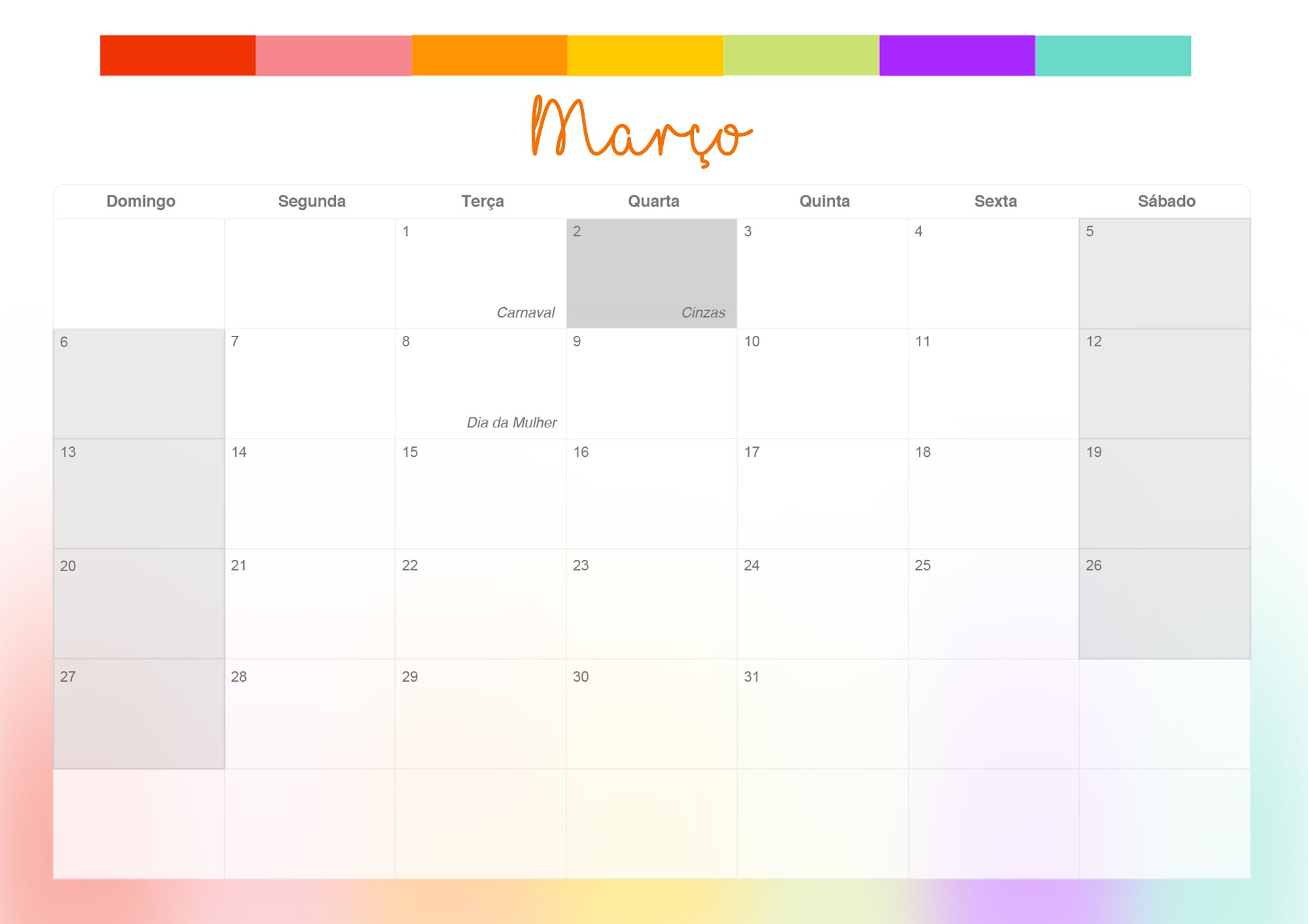 Calendario Mensal 2022 Listras Coloridas Marco