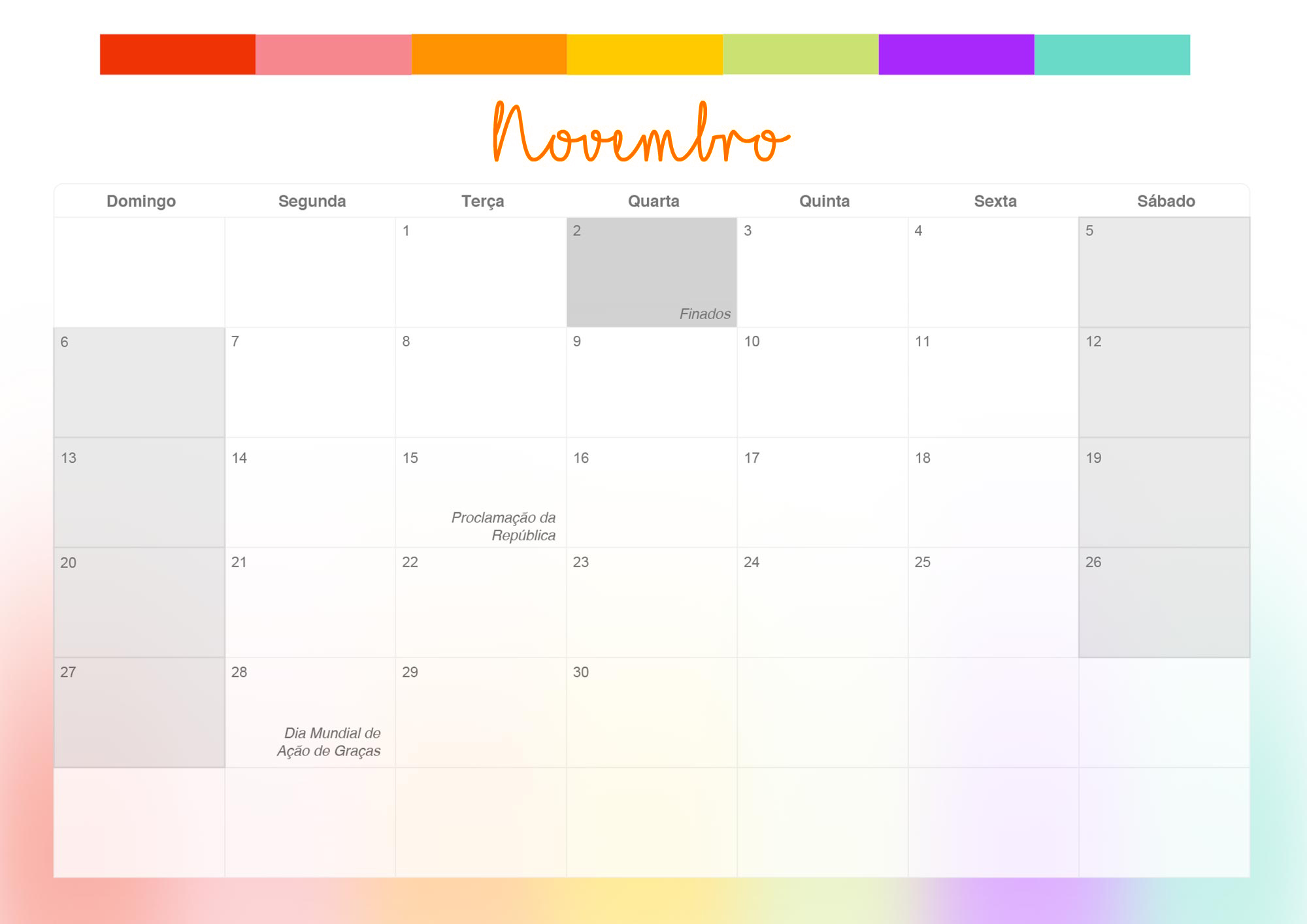 Calendario Mensal 2022 Listras Coloridas Novembro