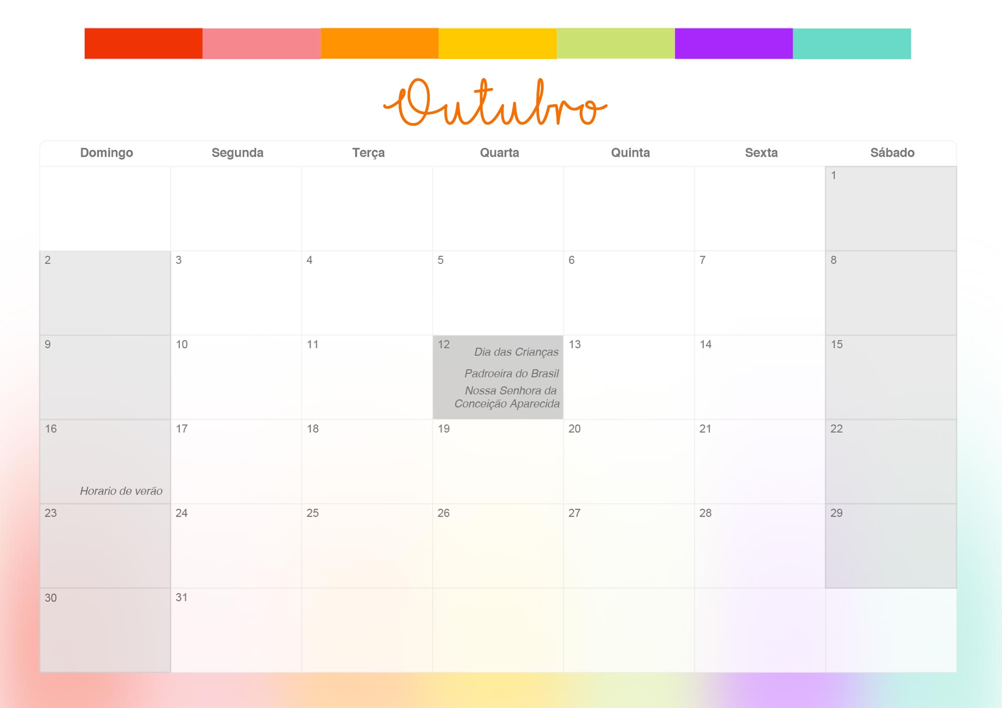 Calendario Mensal 2022 Listras Coloridas Outubro