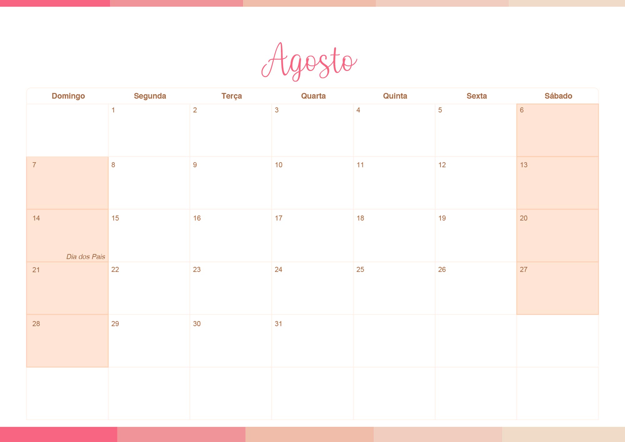 Calendario Mensal 2022 Listras Salmao Agosto