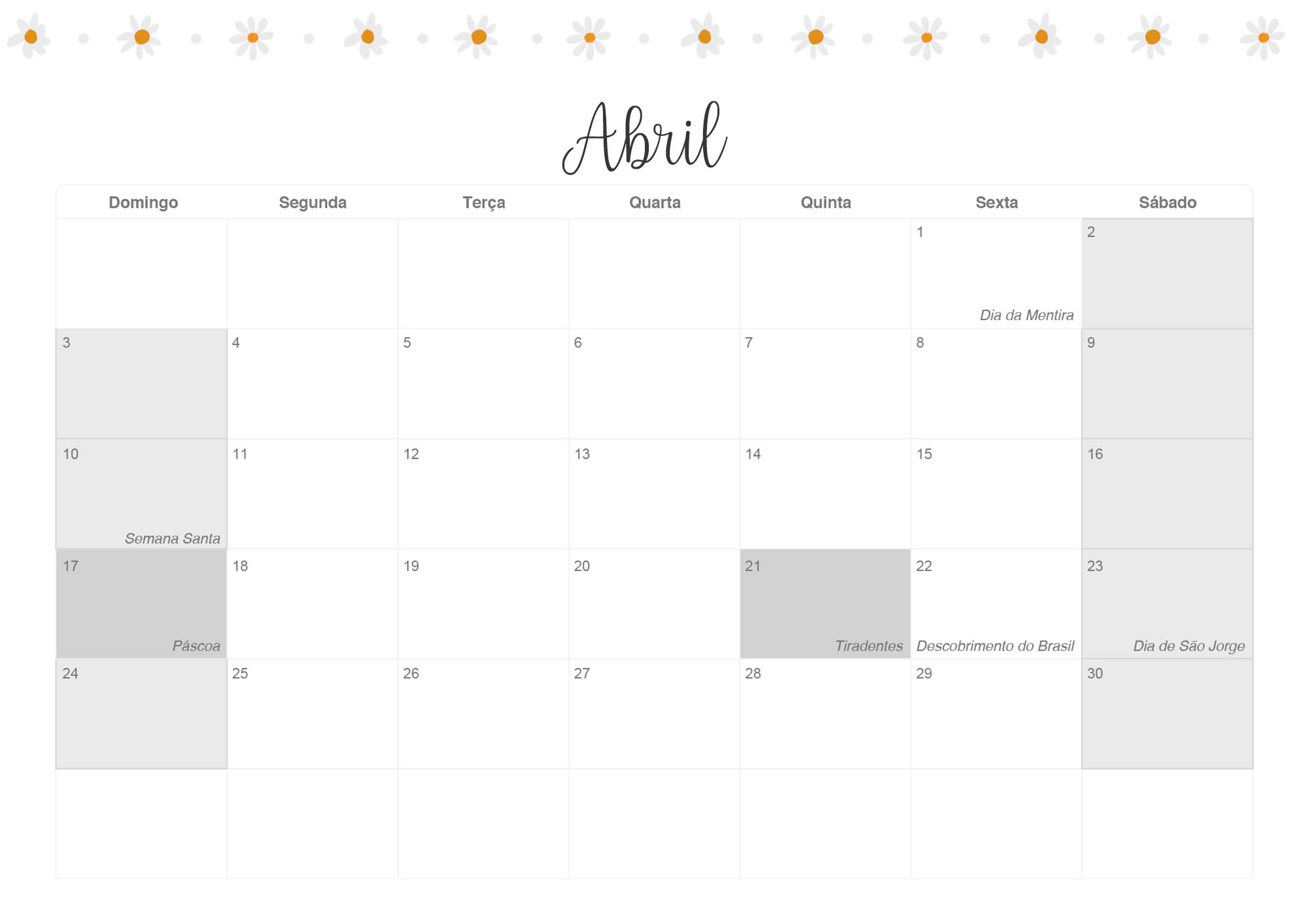 Calendario Mensal 2022 Margaridas Abril