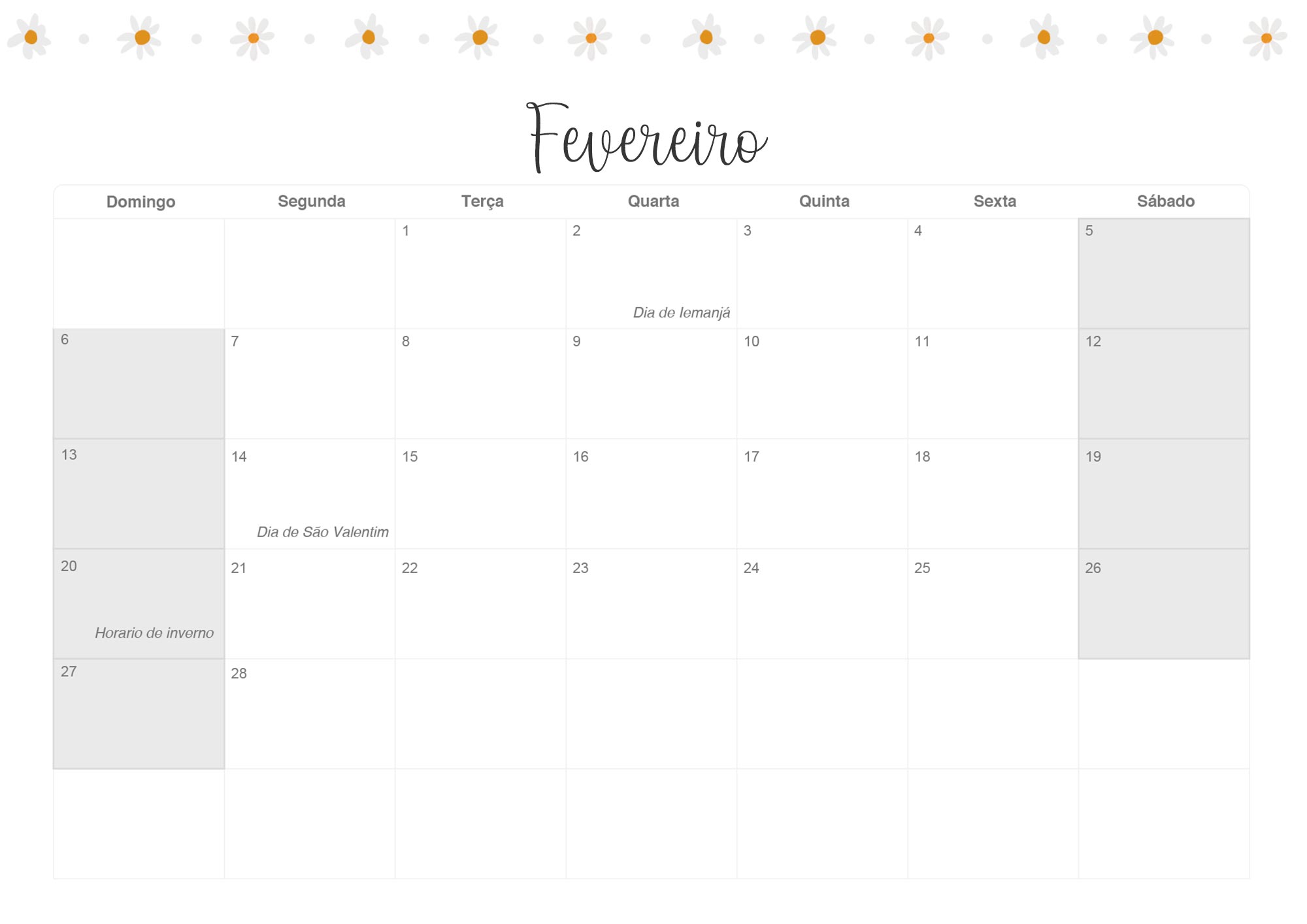 Calendario Mensal 2022 Margaridas Fevereiro