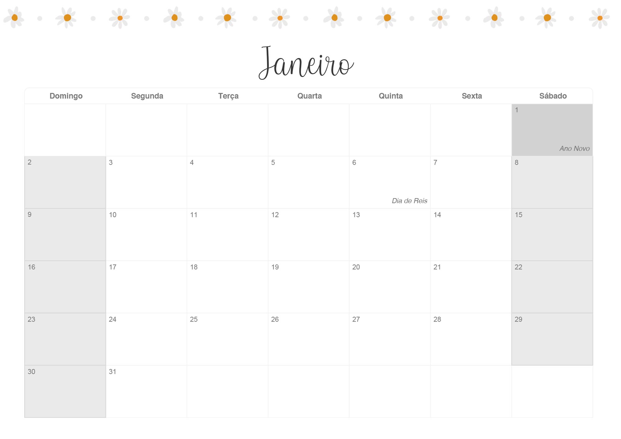 Calendario Mensal 2022 Margaridas Janeiro