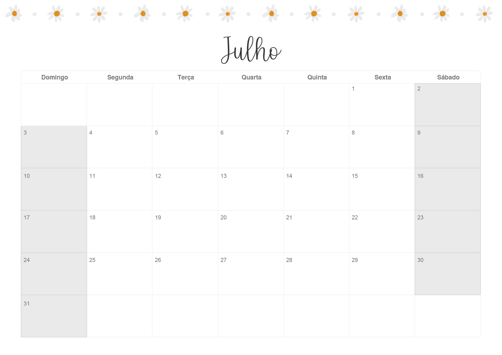 Calendario Mensal 2022 Margaridas Julho