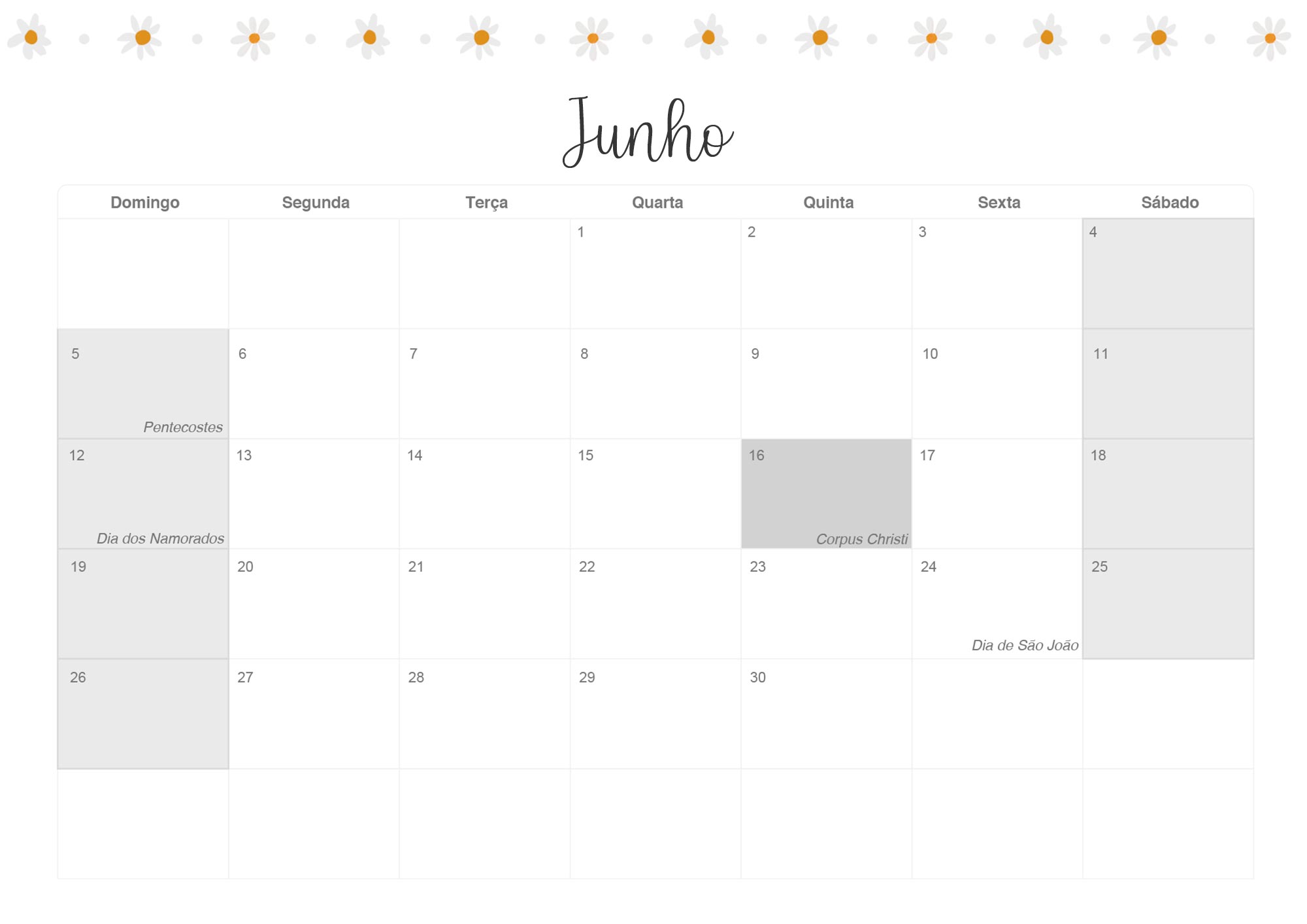 Calendario Mensal 2022 Margaridas Junho