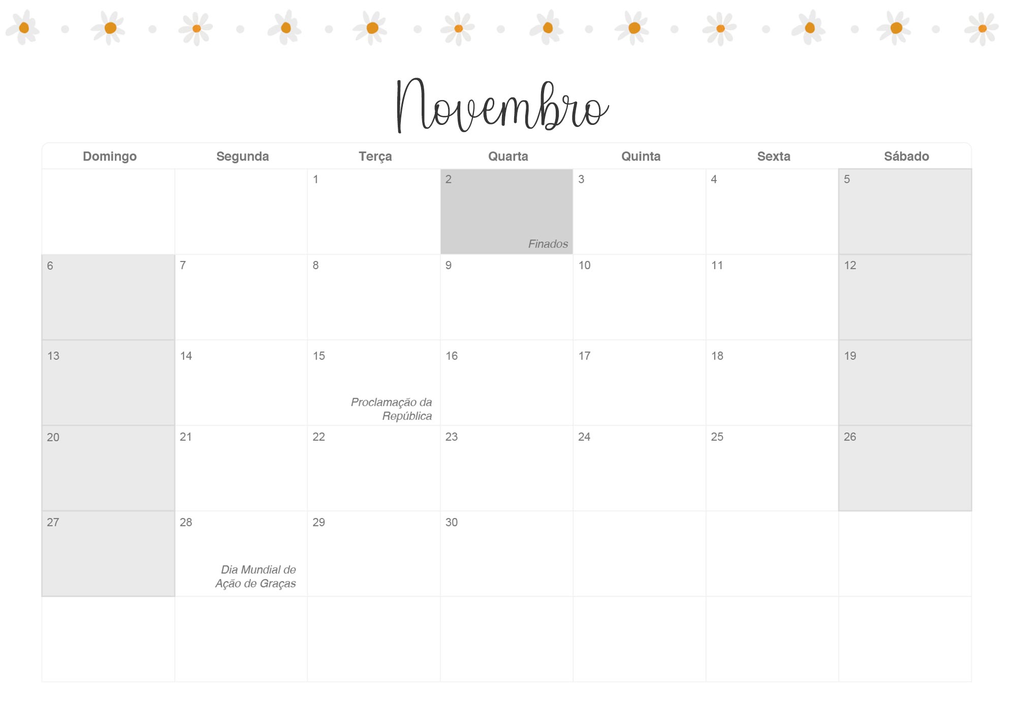 Calendario Mensal 2022 Margaridas Novembro