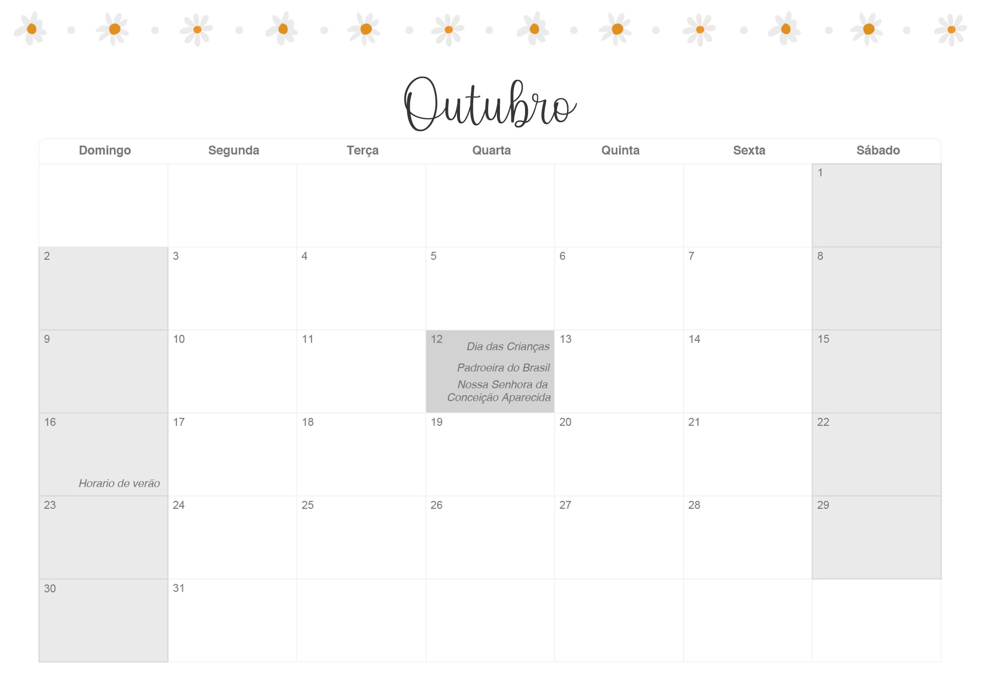Calendario Mensal 2022 Margaridas Outubro