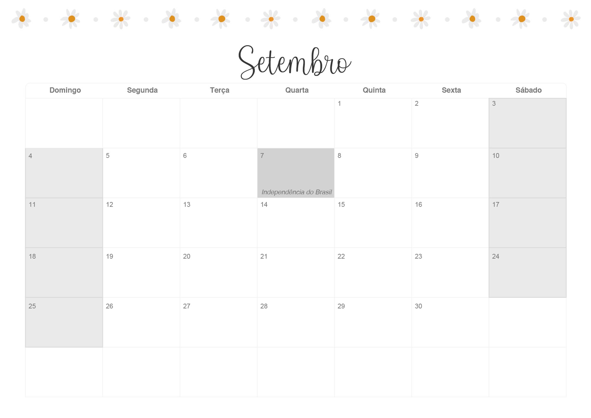 Calendario Mensal 2022 Margaridas Setembro