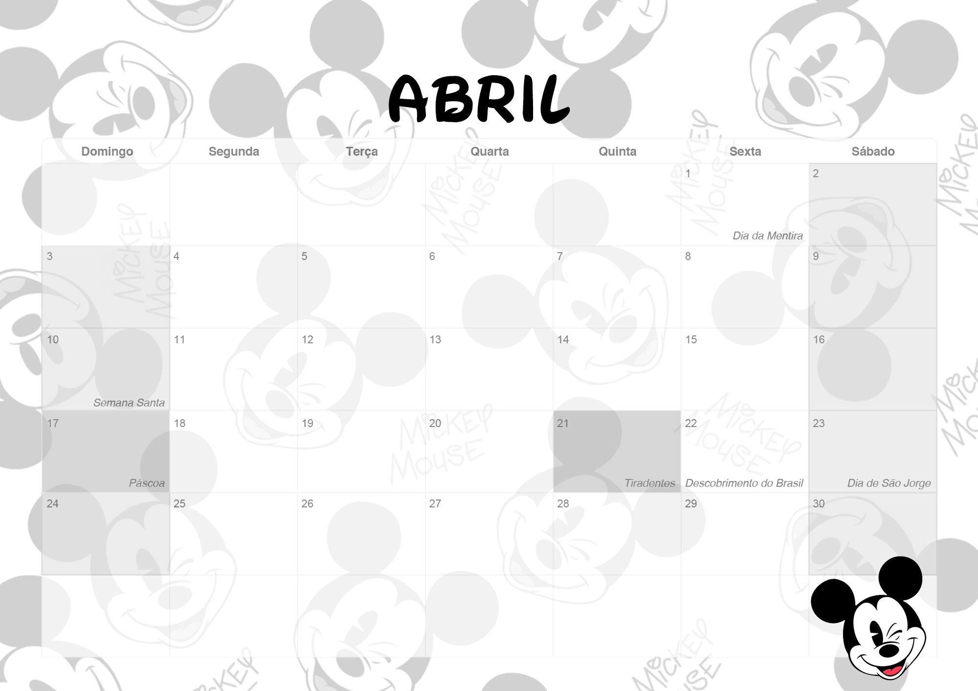 Calendario Mensal 2022 Mickey Abril