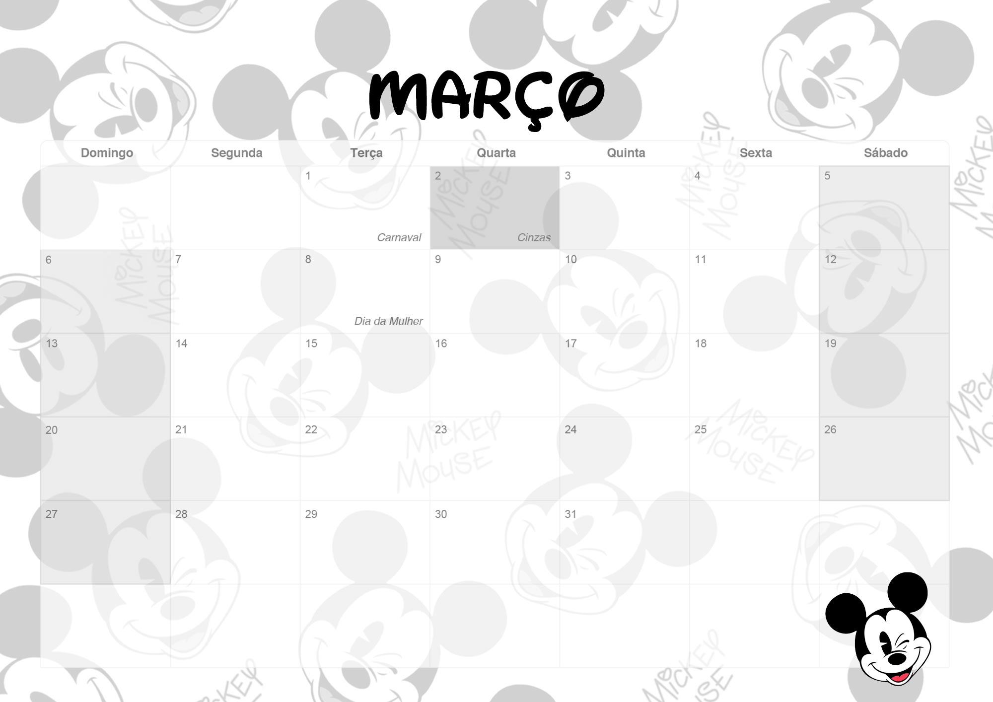Calendario Mensal 2022 Mickey Marco