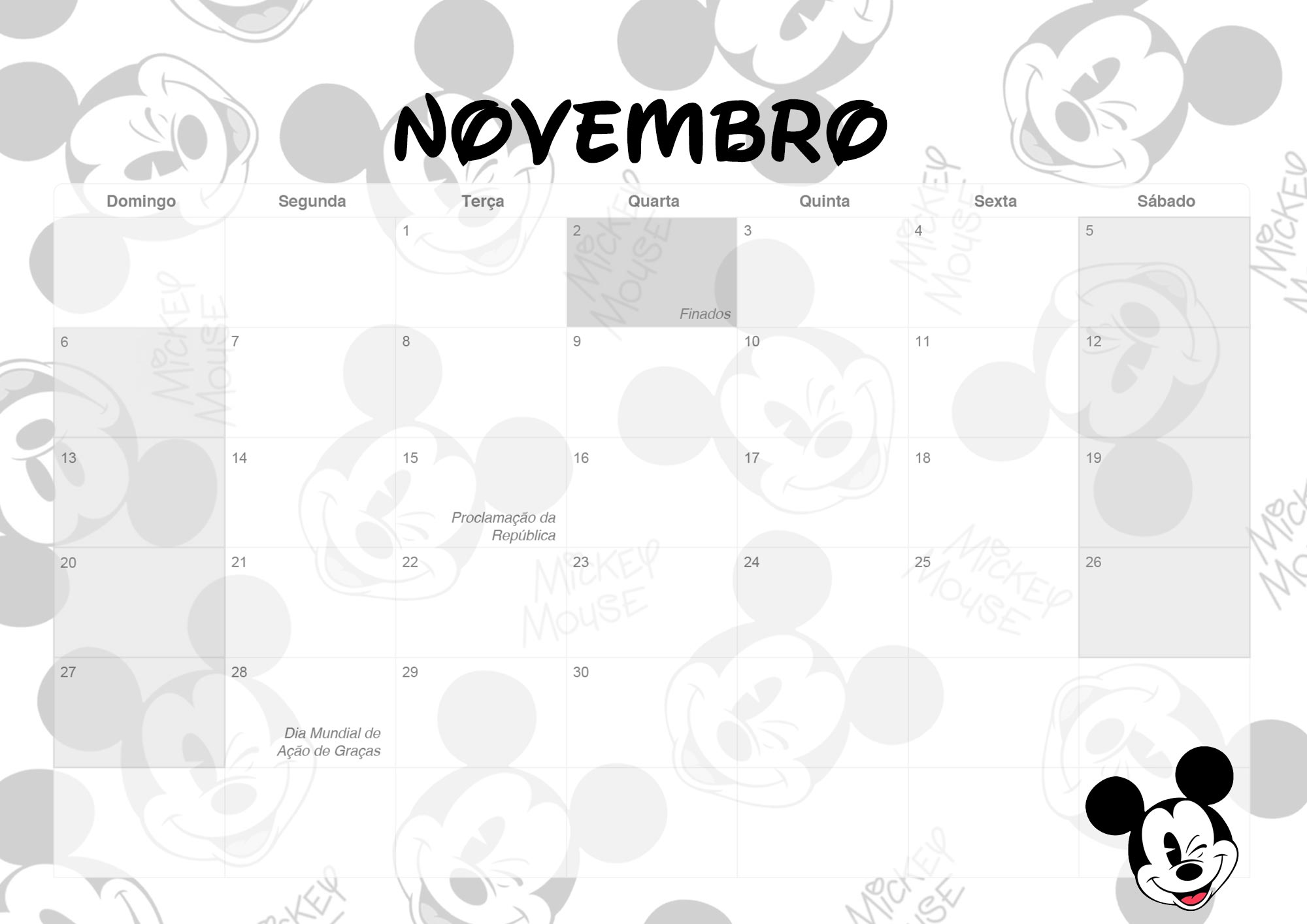 Calendario Mensal 2022 Mickey Novembro