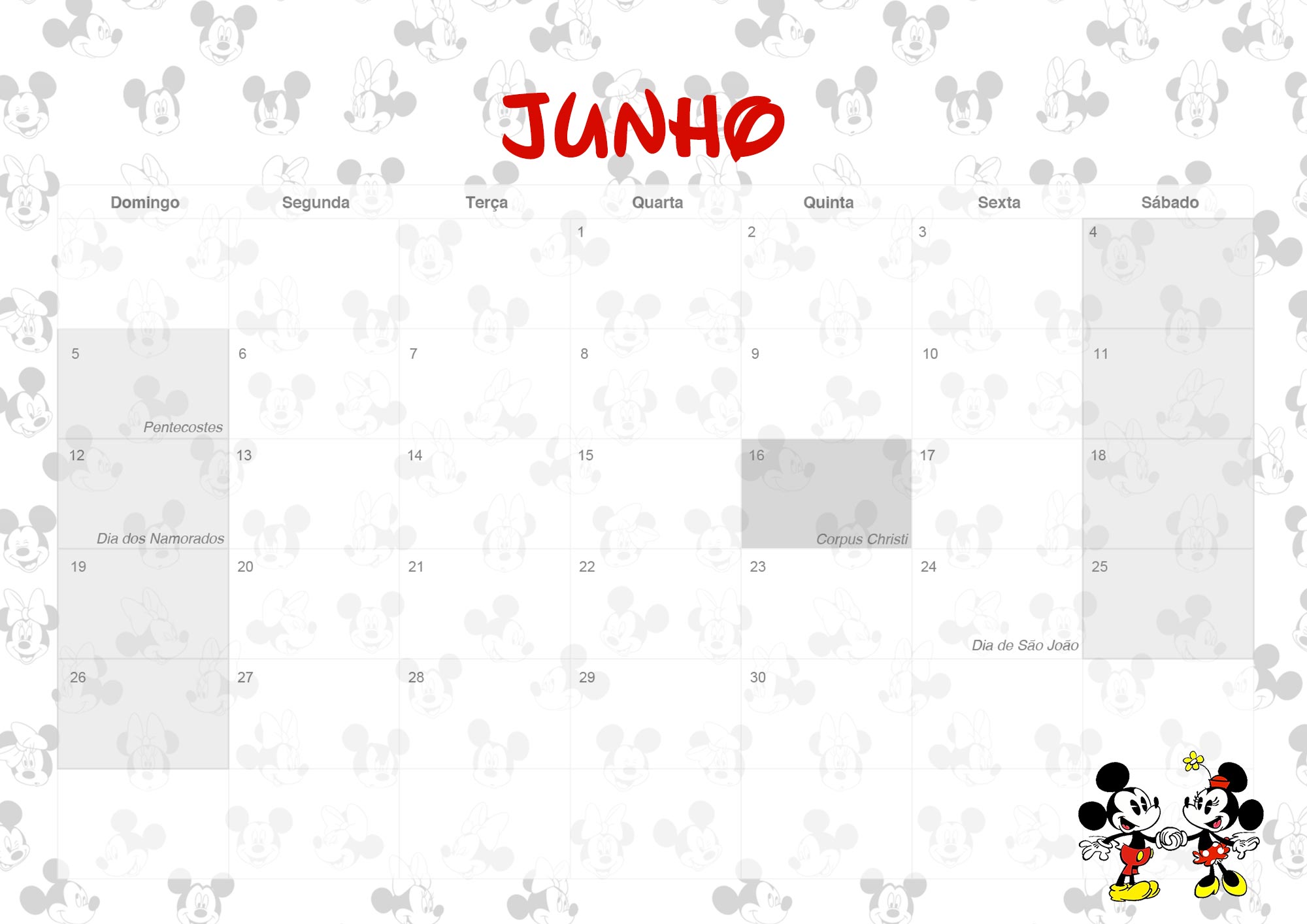 Calendario Mensal 2022 Mickey e Minnie Junho