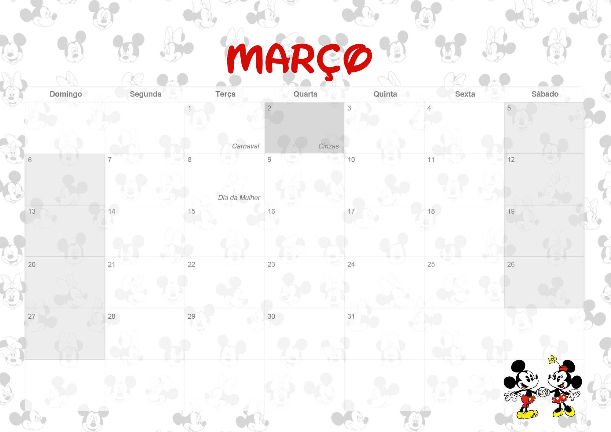 Calendario Mensal 2022 Mickey e Minnie Marco
