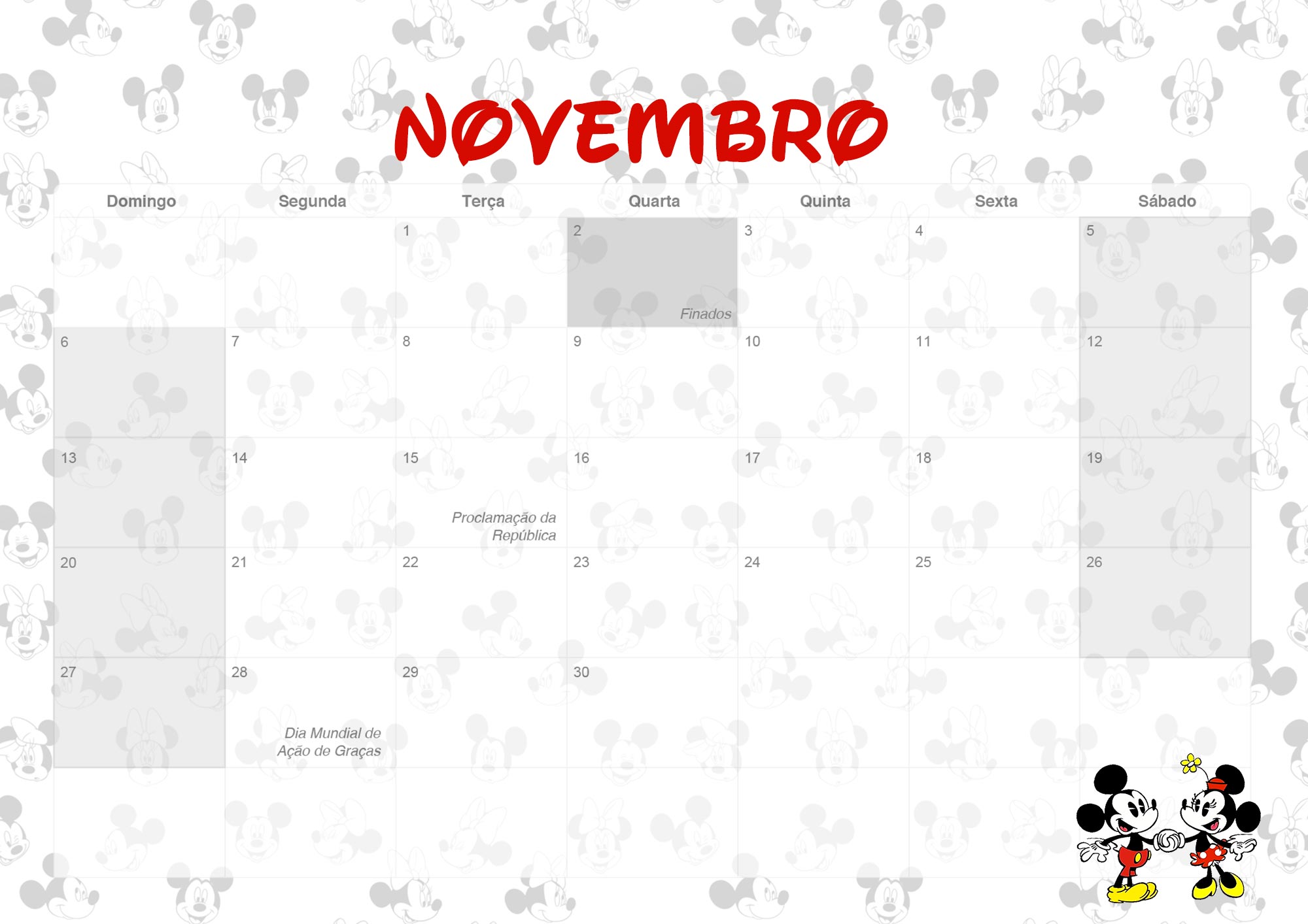 Calendario Mensal 2022 Mickey e Minnie Novembro